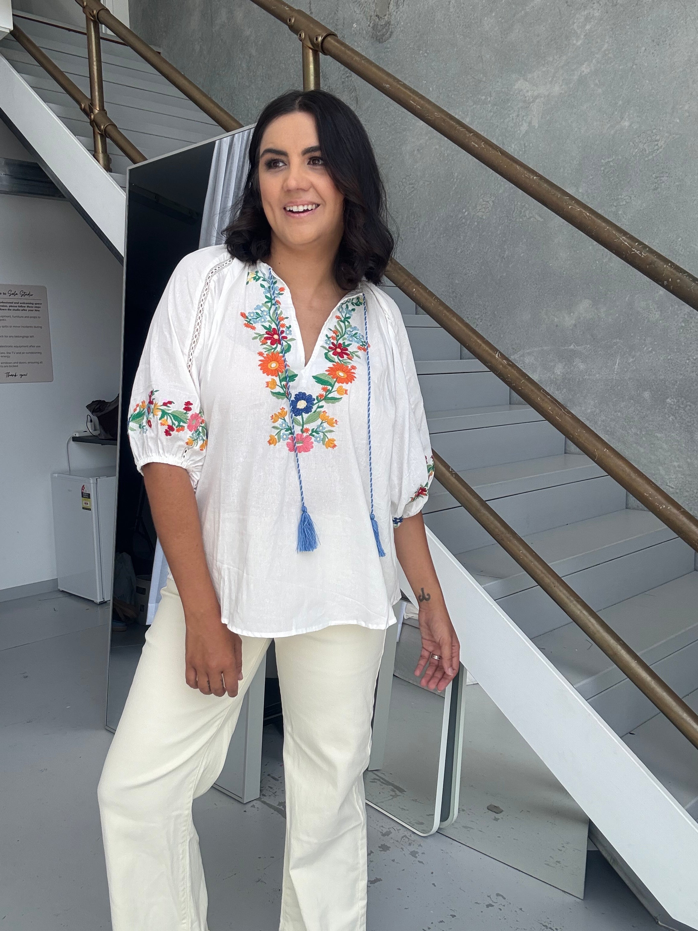 Ingrid Embroidered Floral Blouse White