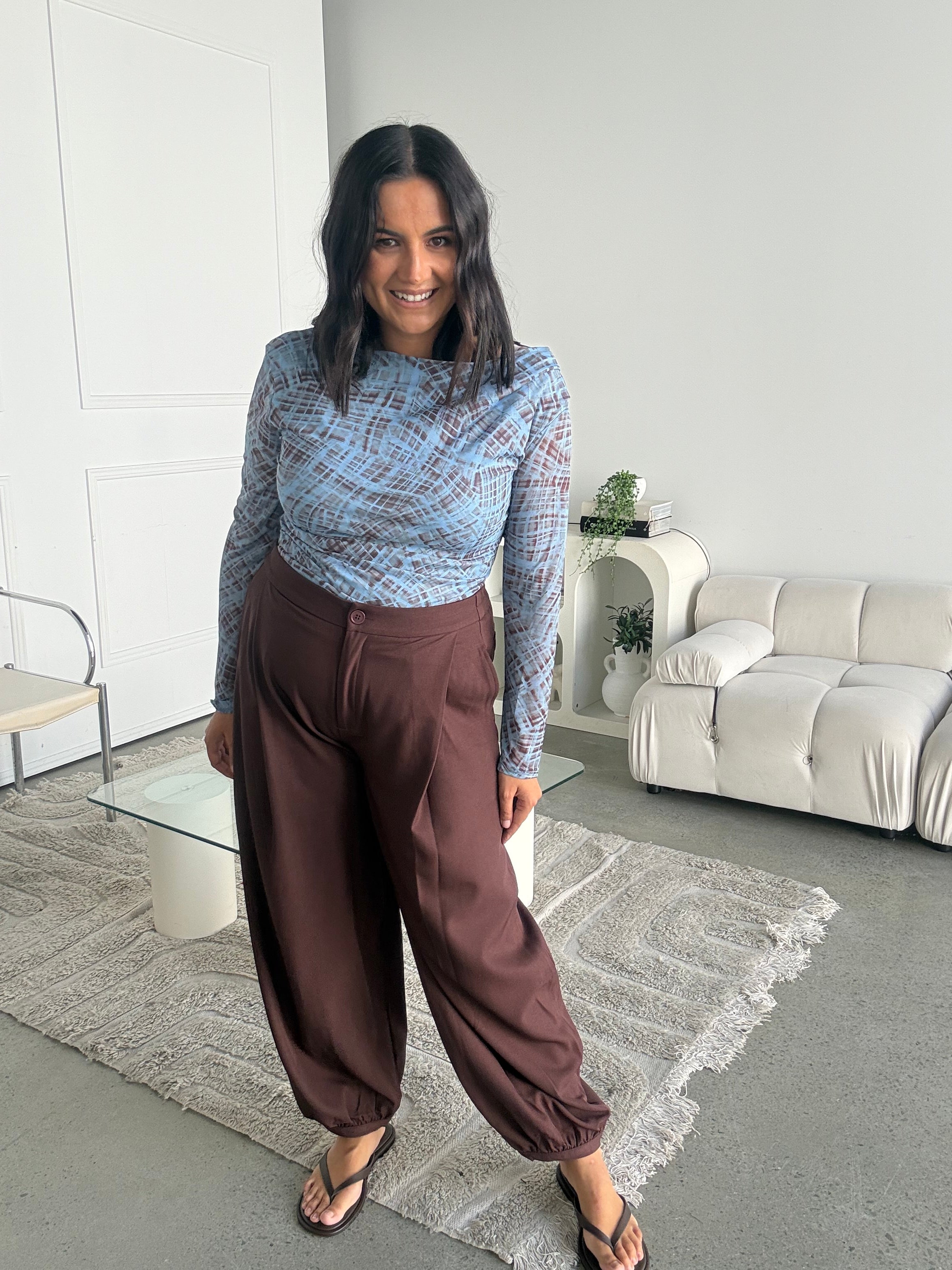 Check Mesh Side Ruche Top Blue/Brown