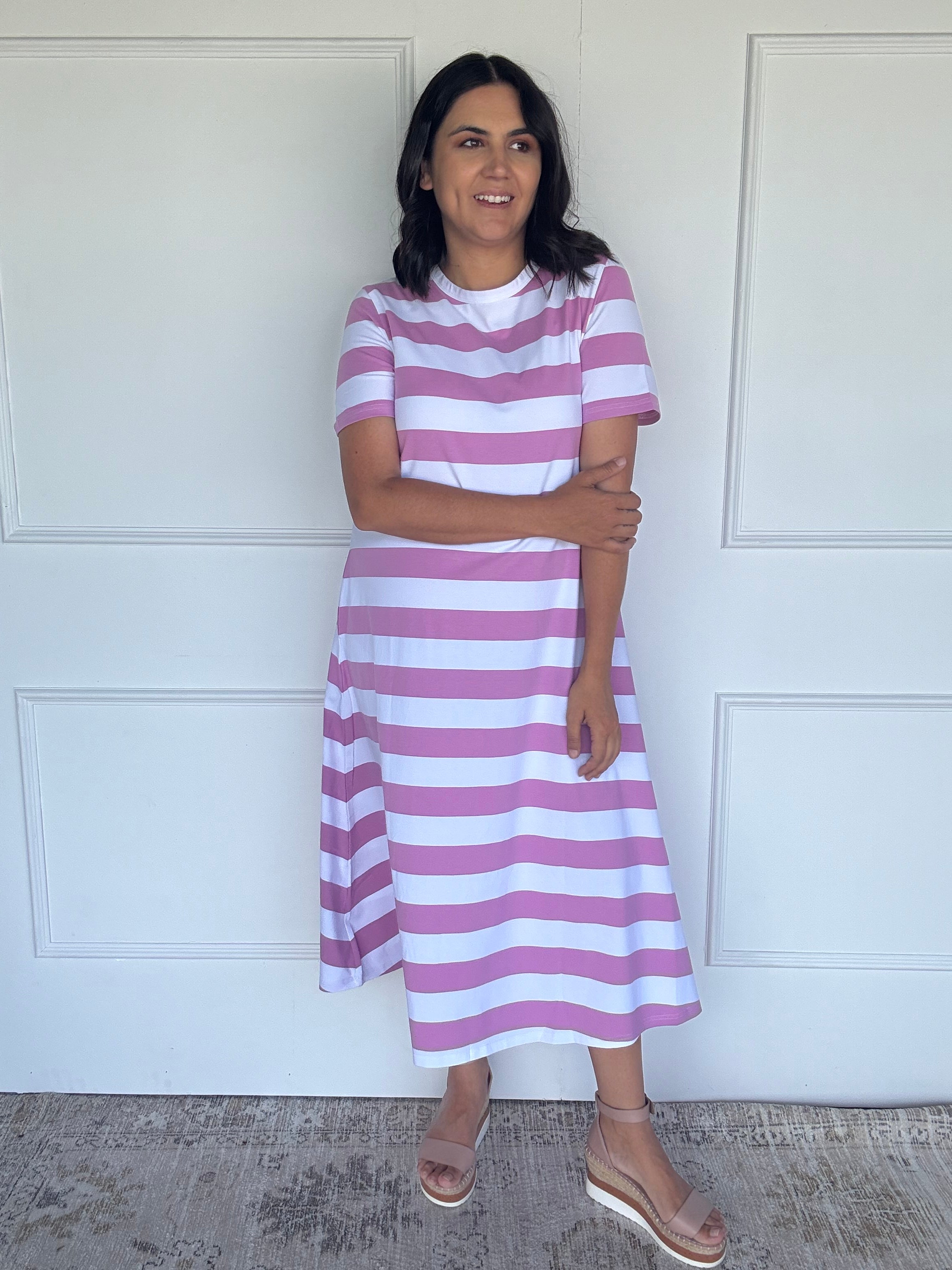 Cotton Jersey Stripe Dress Orchid/White