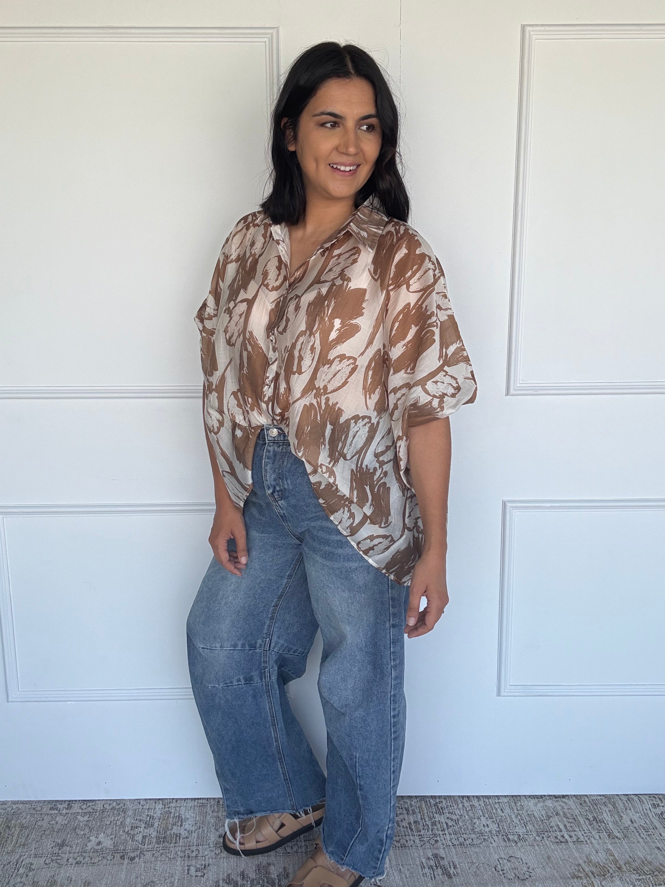 Oversized Abstract Floral Shirt Mocha