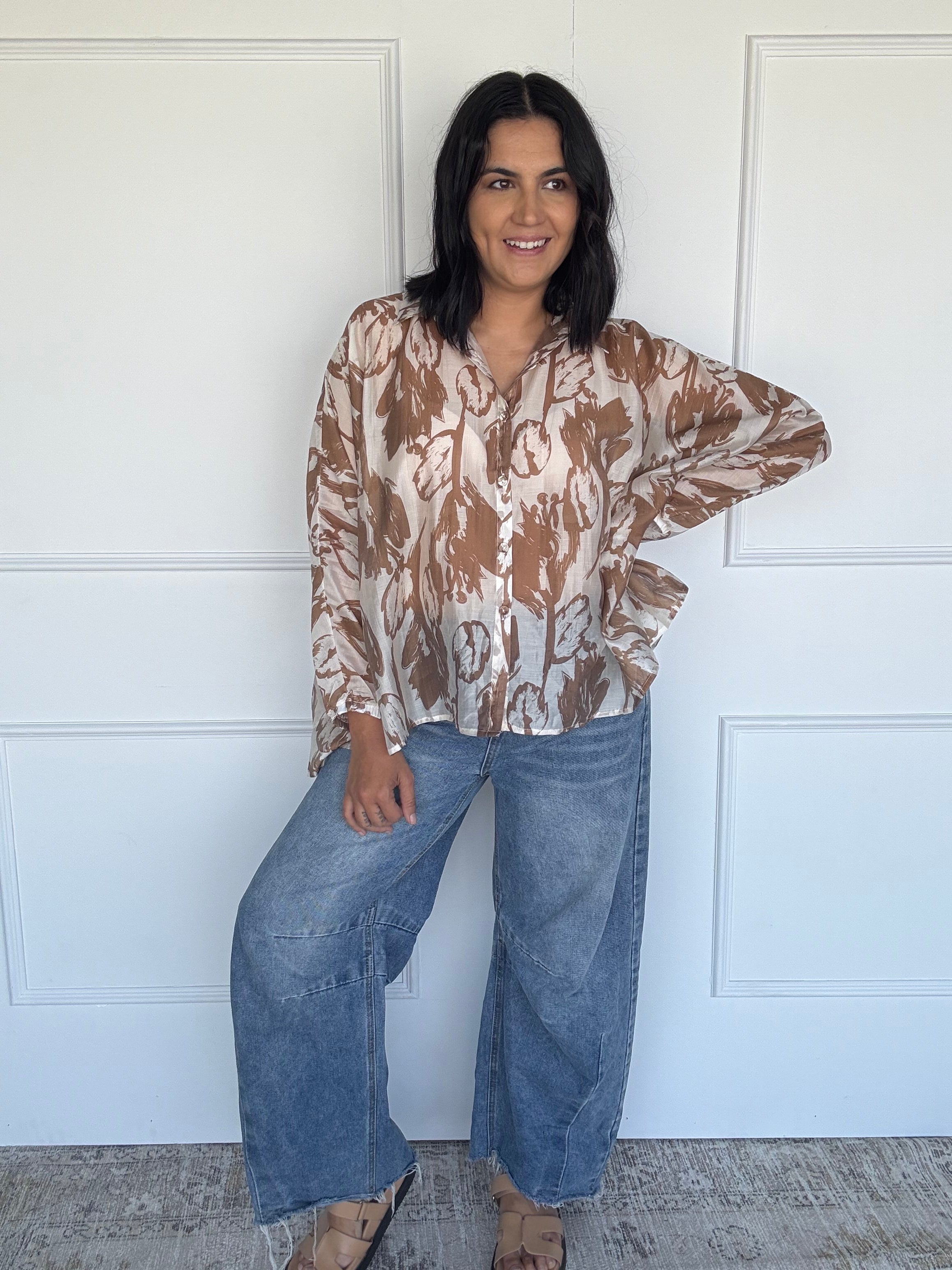 Oversized Abstract Floral Shirt Mocha