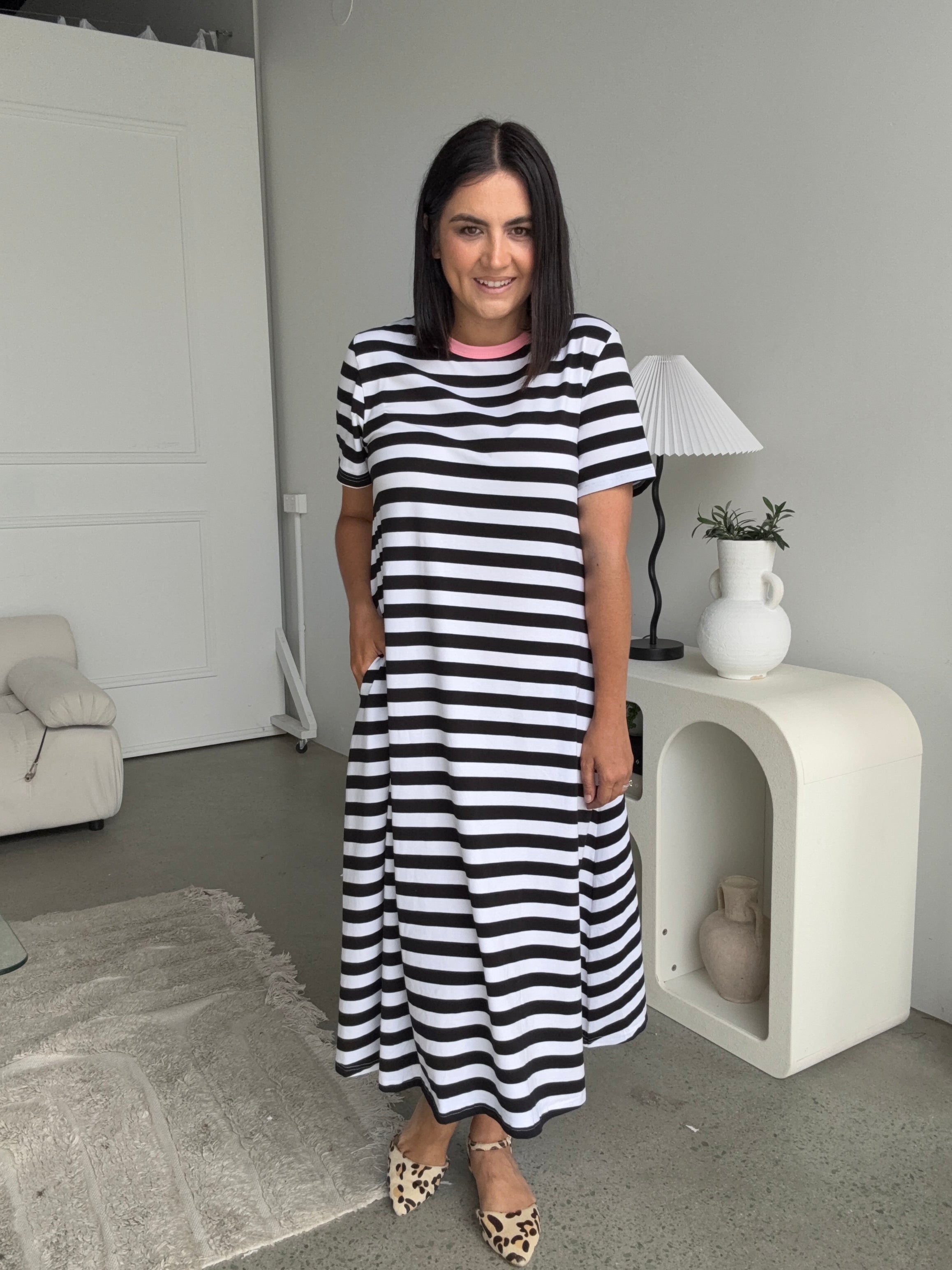 Cotton Jersey Stripe Dress Black/White Pink Neck