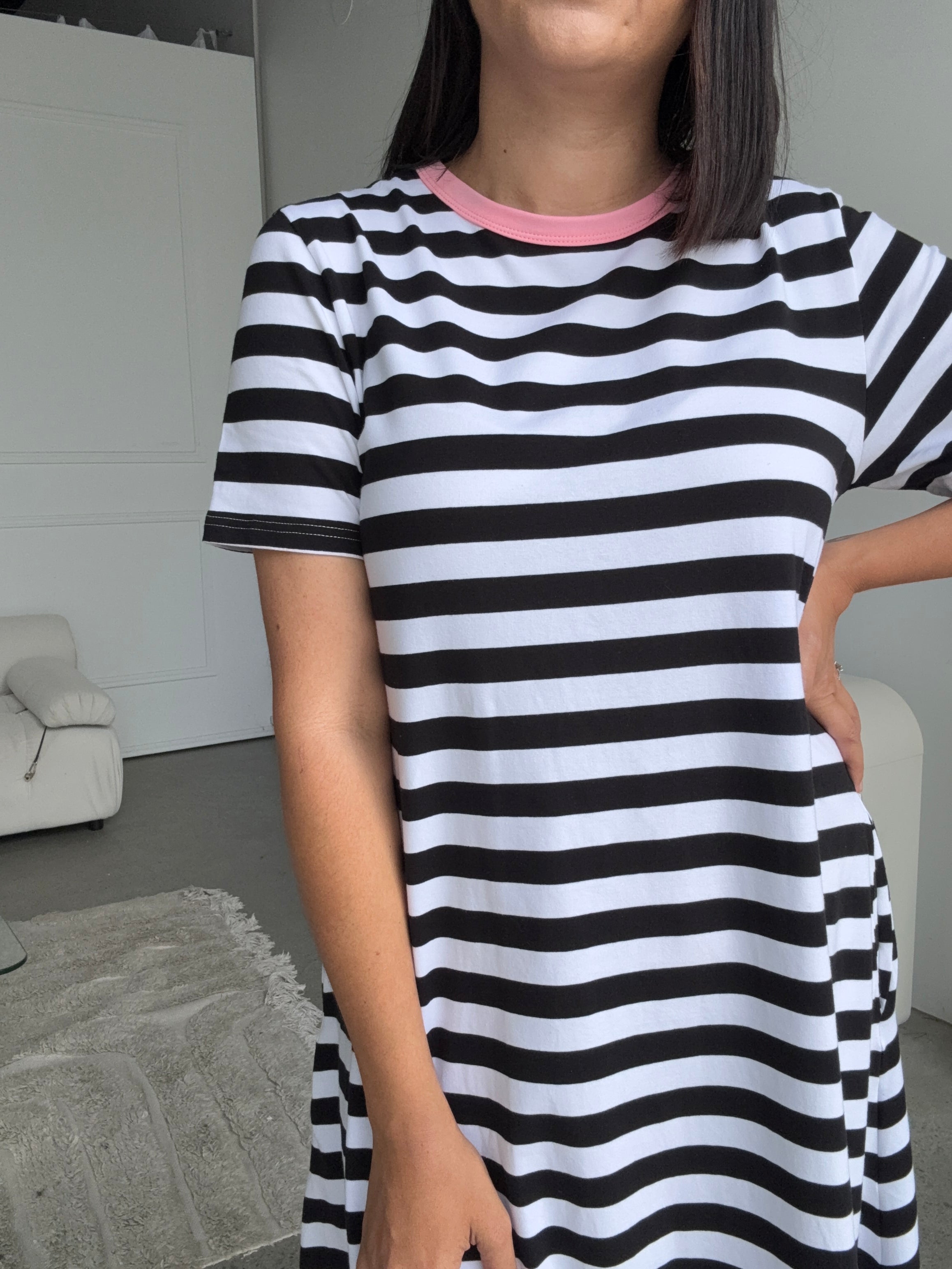 Cotton Jersey Stripe Dress Black/White Pink Neck