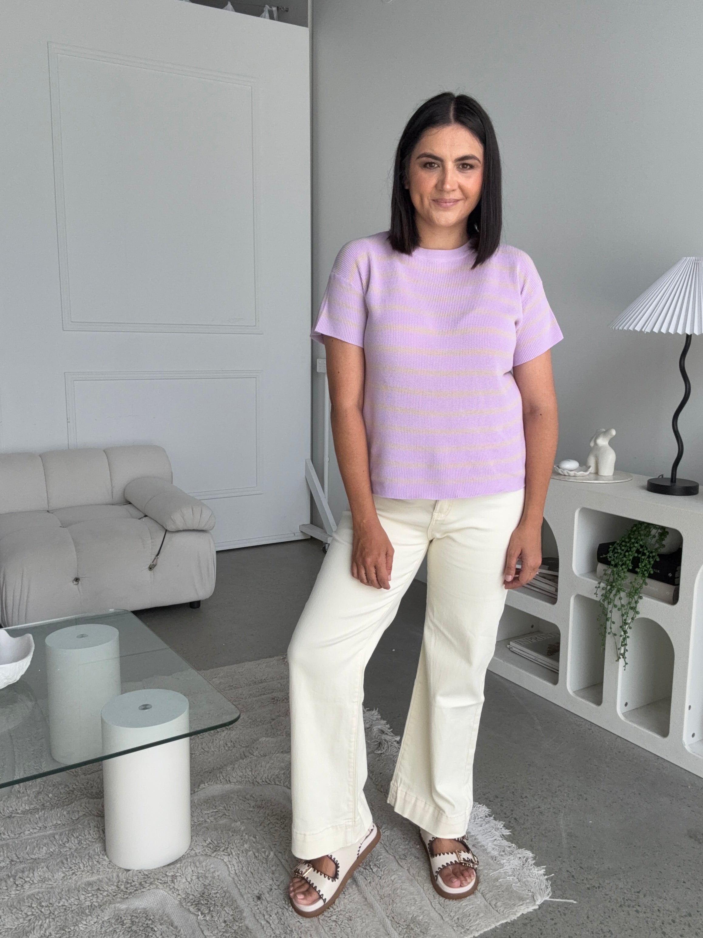 Miller Striped Knit Top Lilac/Beige