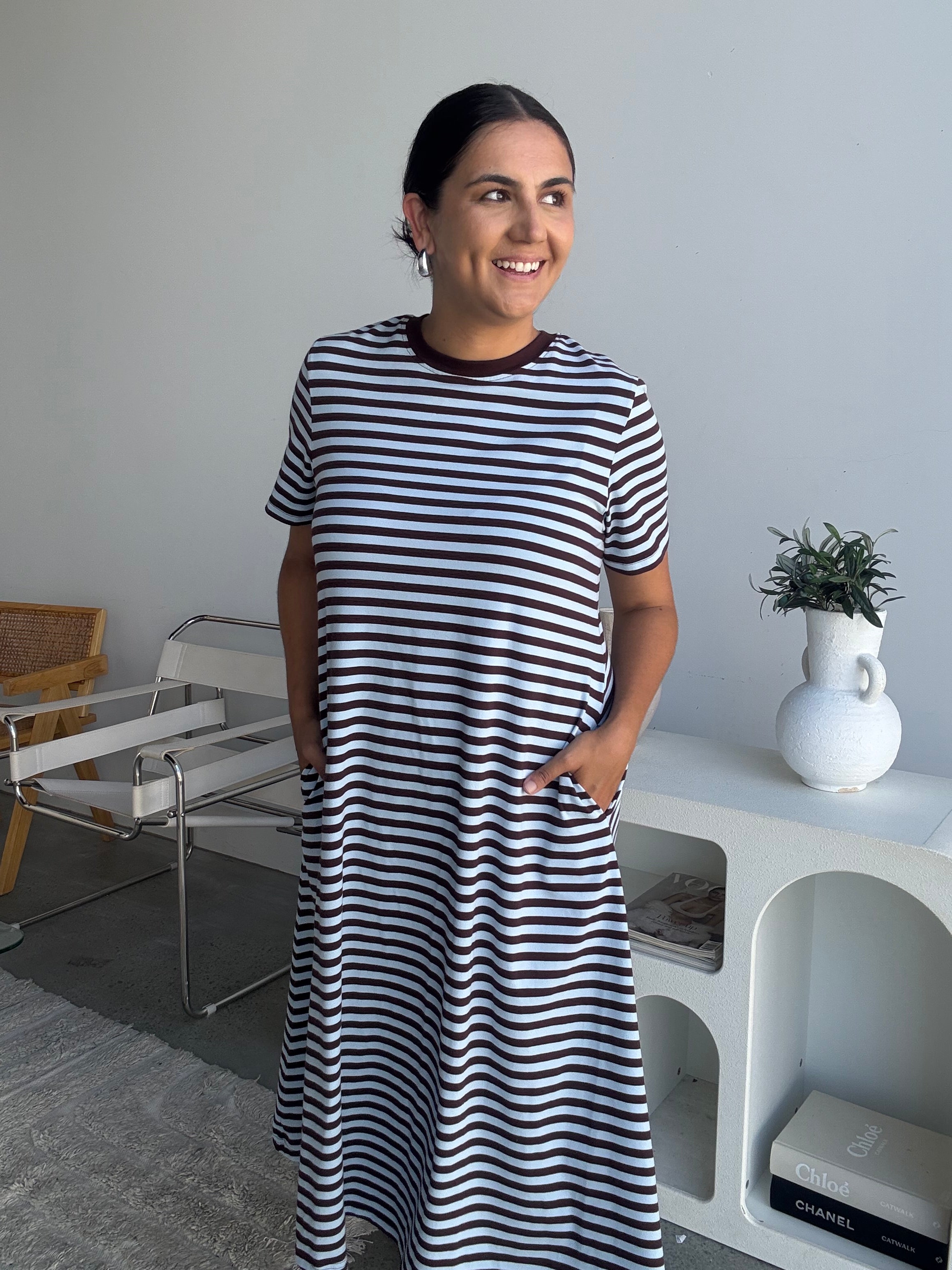 Cotton Jersey Stripe Dress Choc Brown/Blue