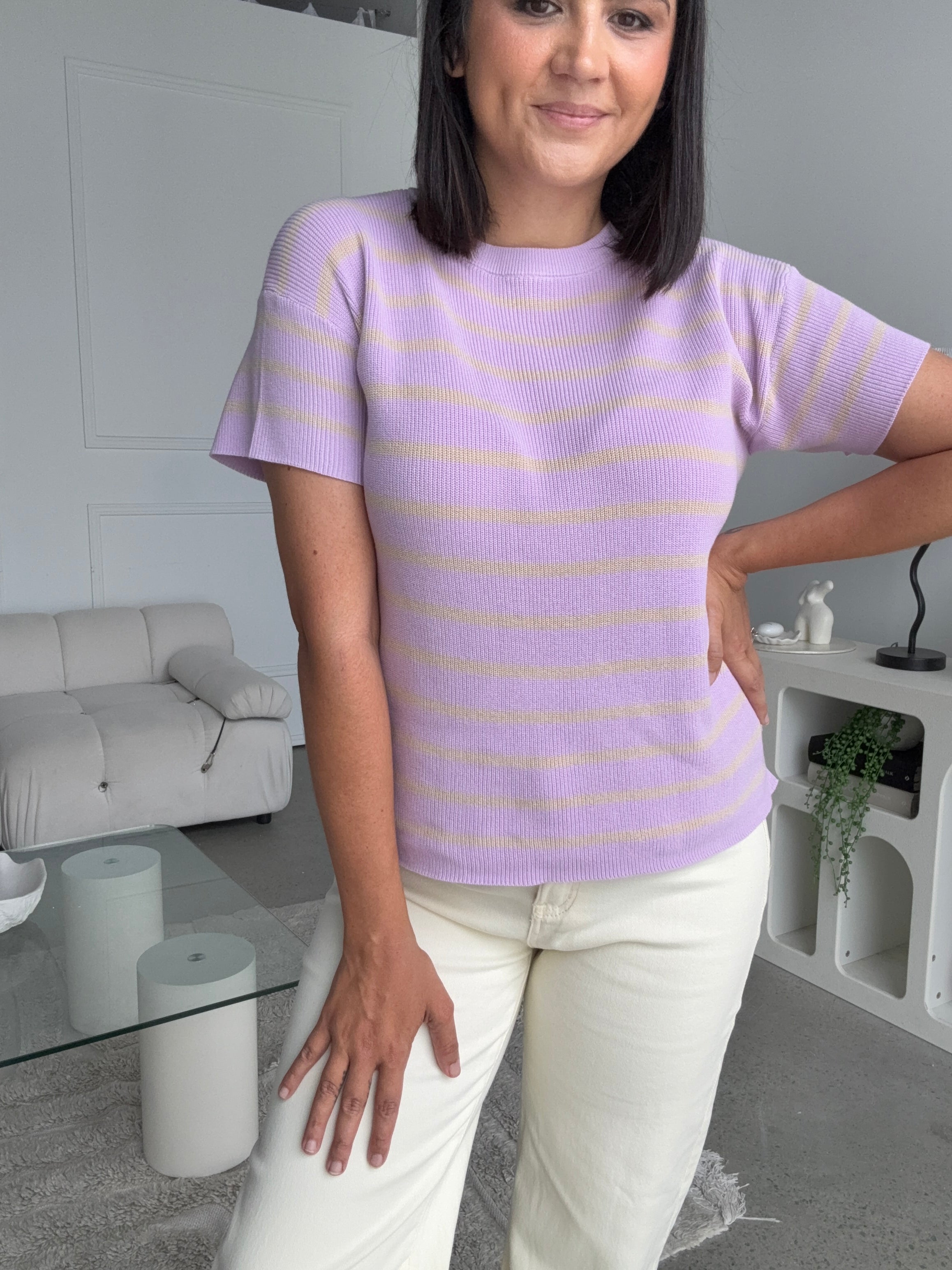 Miller Striped Knit Top Lilac/Beige