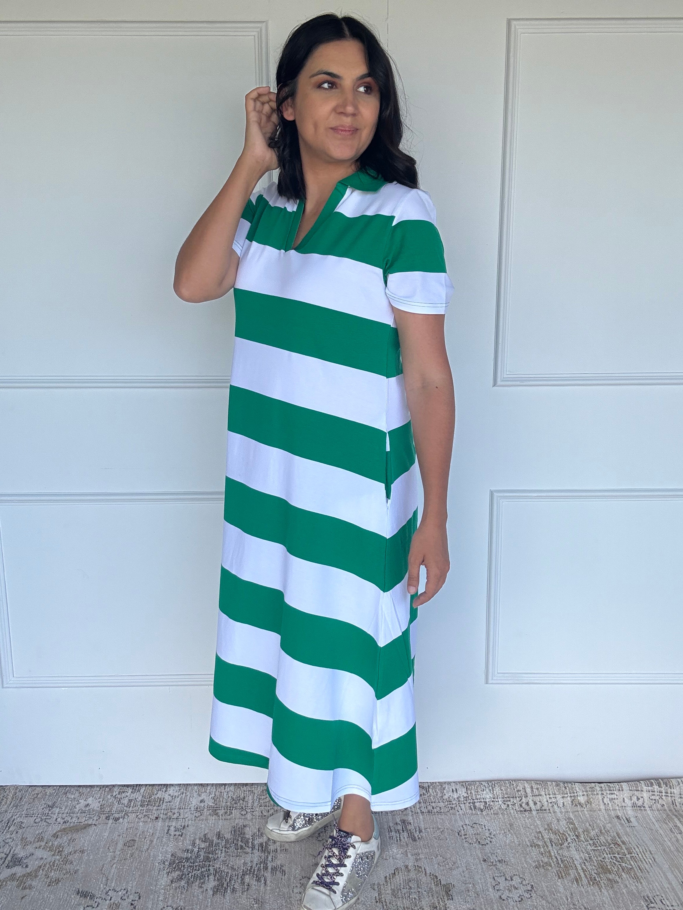 Cotton Jersey Stripe Dress Green/White Collar