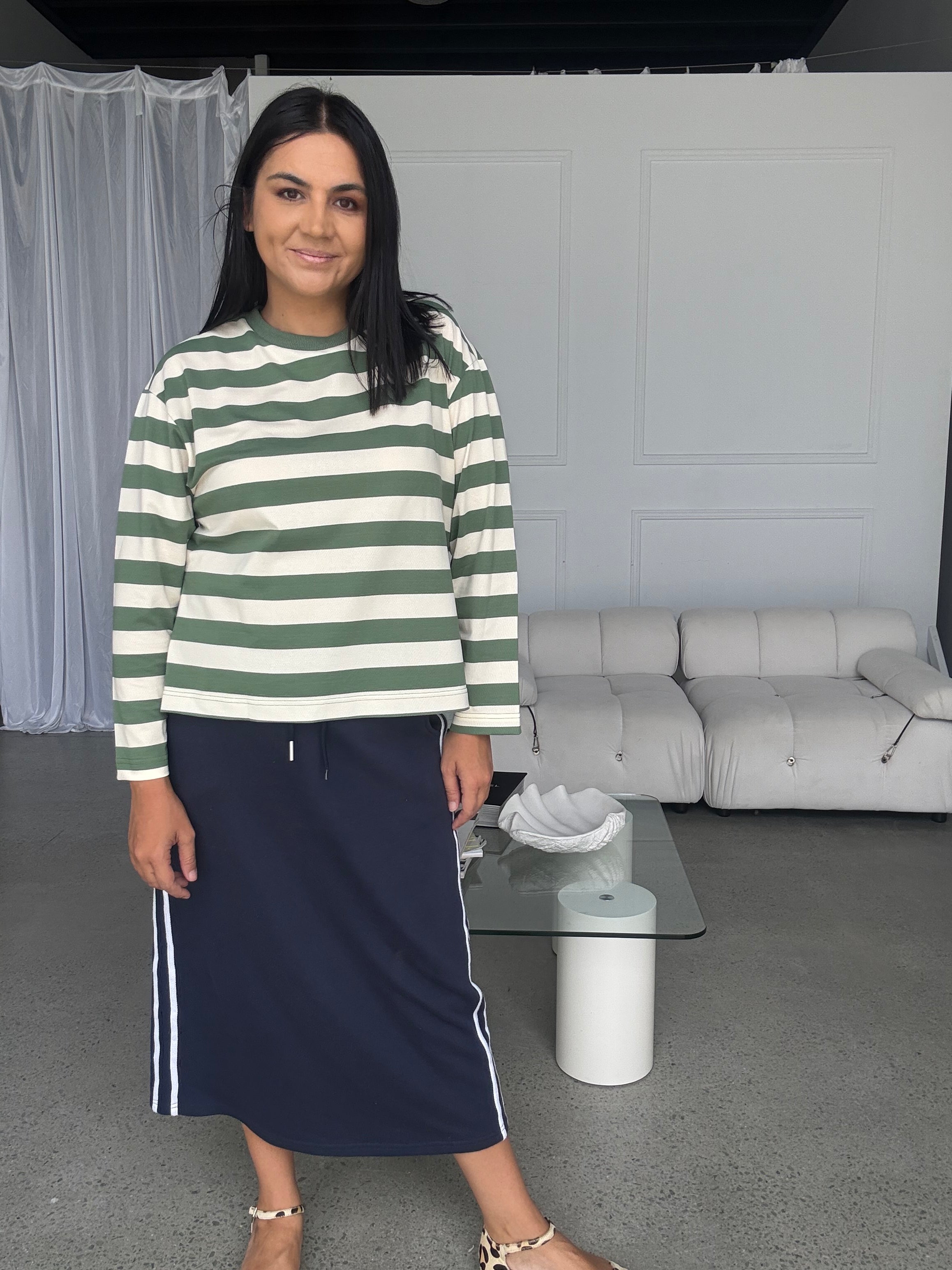 Cassie Long Sleeve Stripe Top Sage/Cream