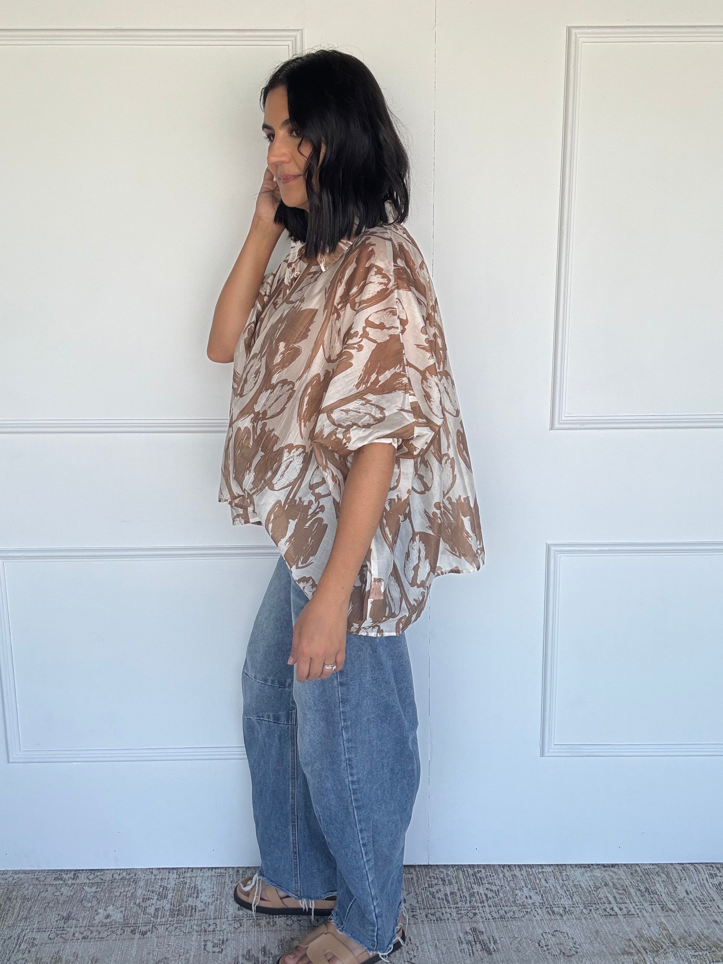Oversized Abstract Floral Shirt Mocha