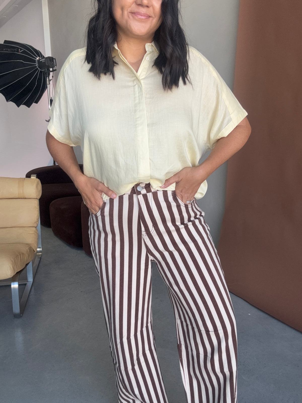 Tahni Stripe Barrel Jean Chocolate/Cream