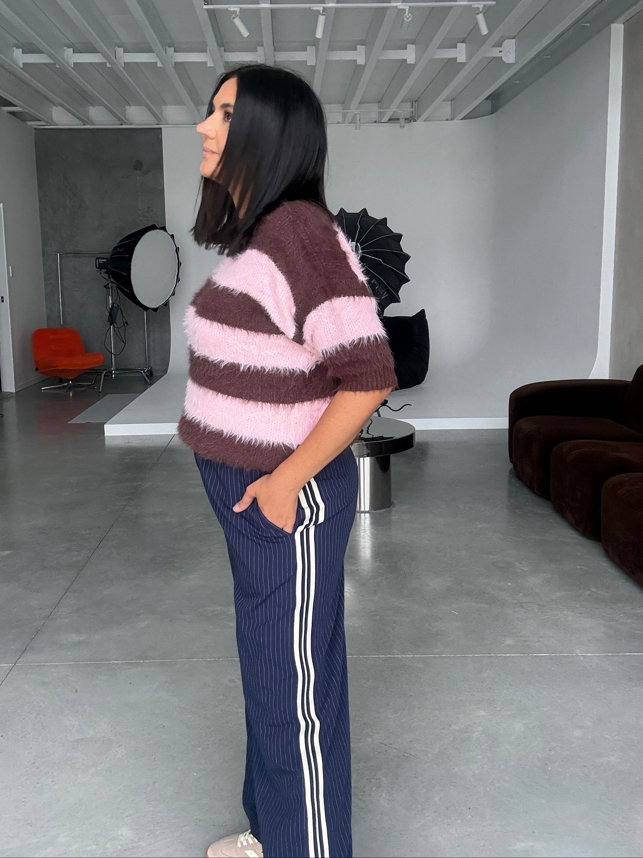 The Teddy Stripe Fluffy Knit Pink/Chocolate