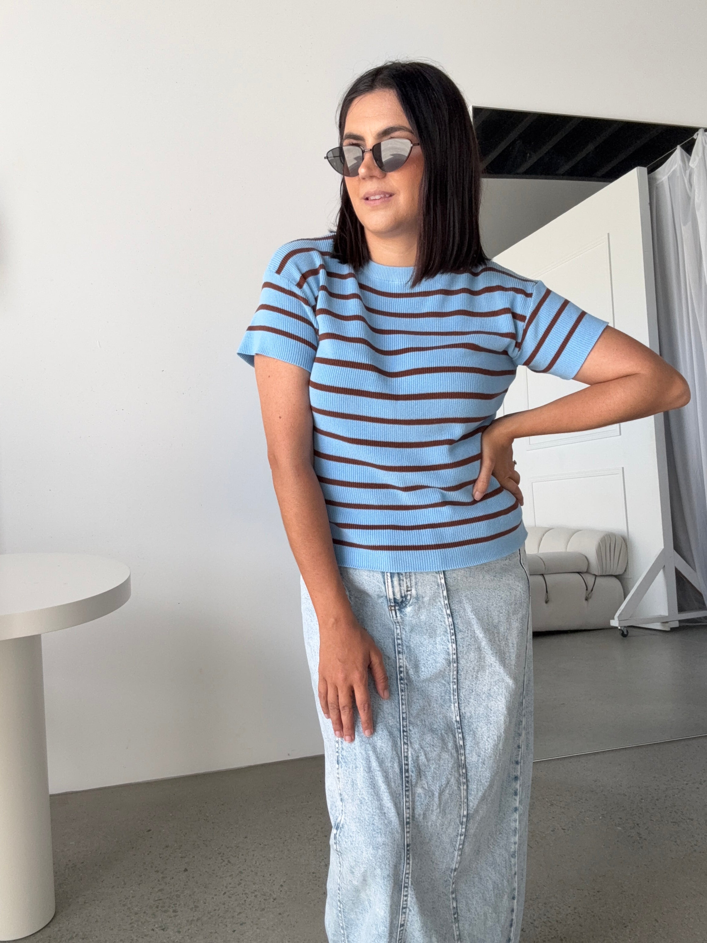 RESTOCKING DECEMBER Miller Striped Knit Top Blue/Brown