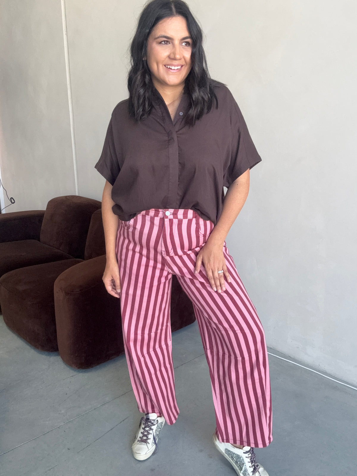 Tahni Stripe Barrel Jean Pink/Burgundy