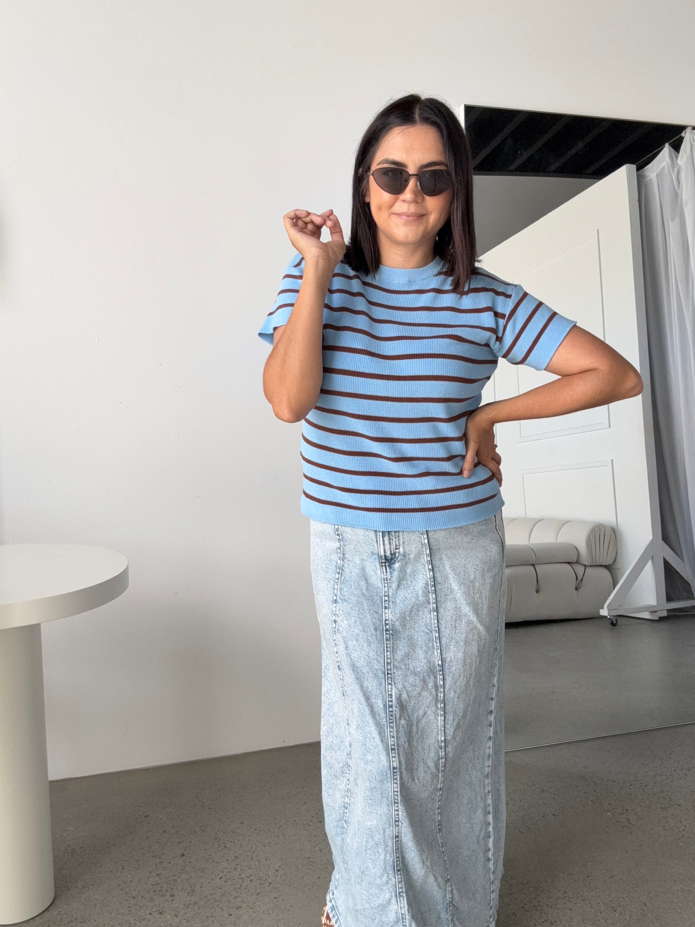 RESTOCKING DECEMBER Miller Striped Knit Top Blue/Brown