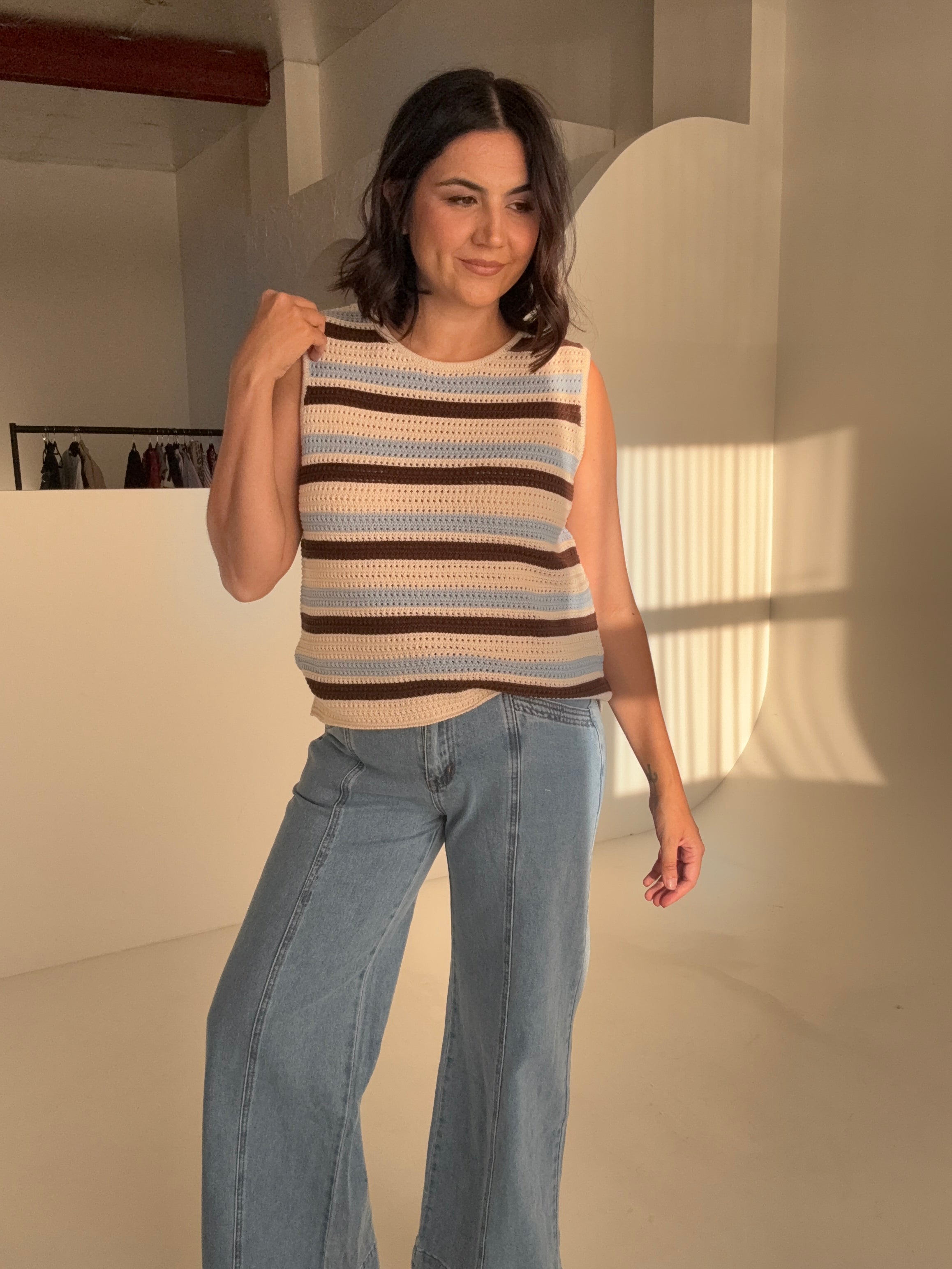 Margot Mesh Knit Tank Ecru/Choc Stripe