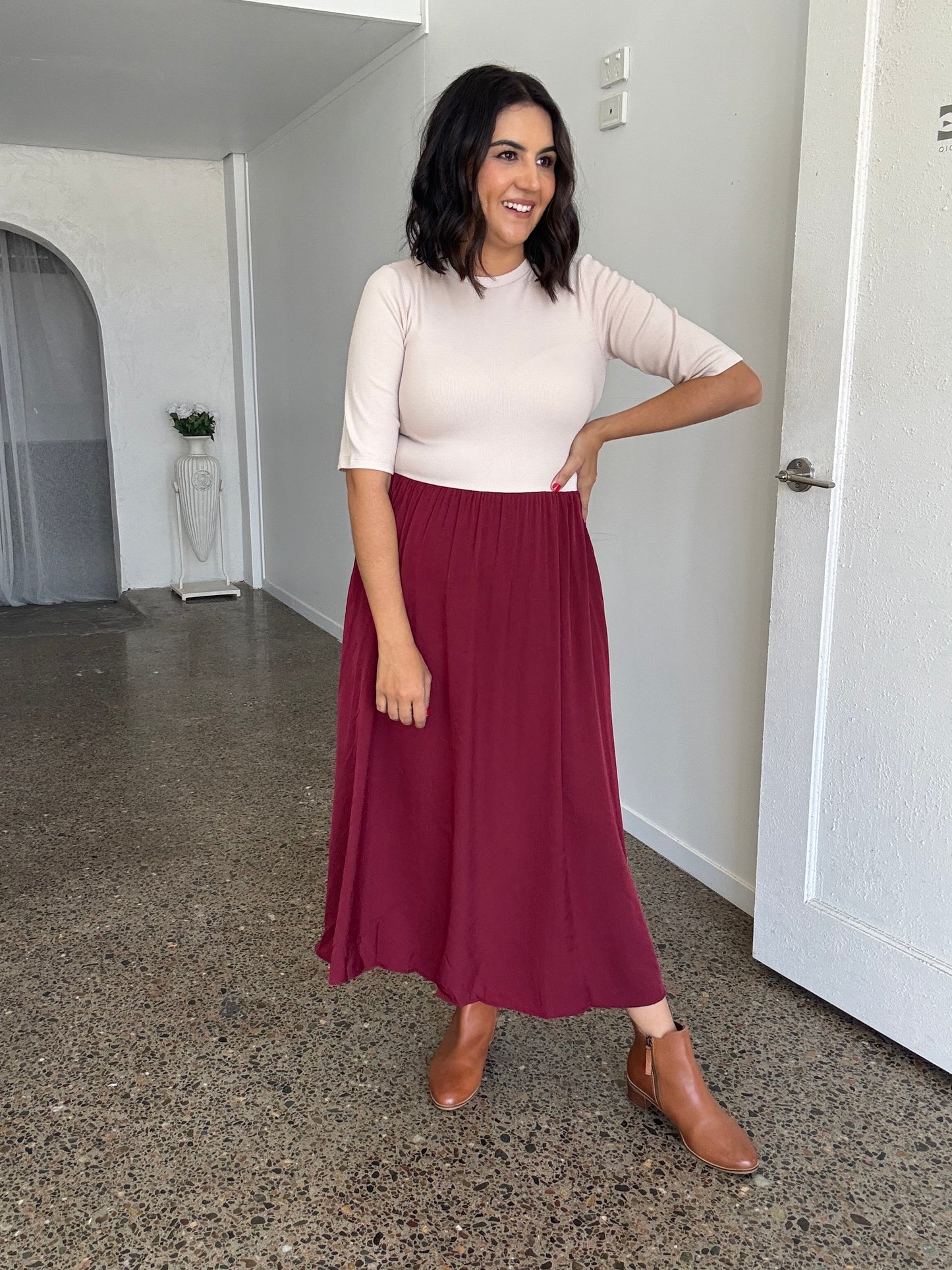 Maddie Midi Dress Beige/Burgundy STOCK ON HAND
