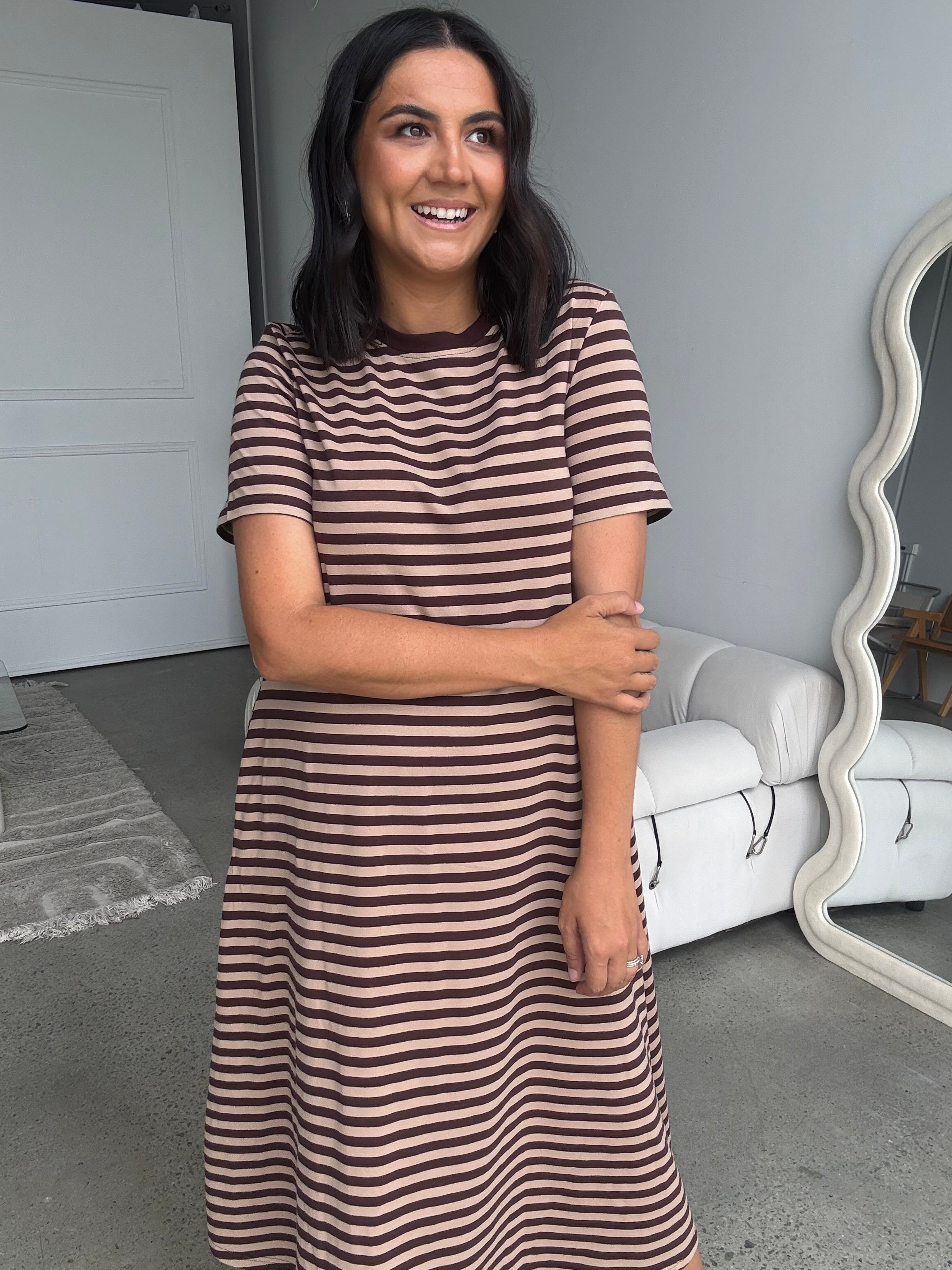 Cotton Jersey Stripe Dress Choc Brown/Beige