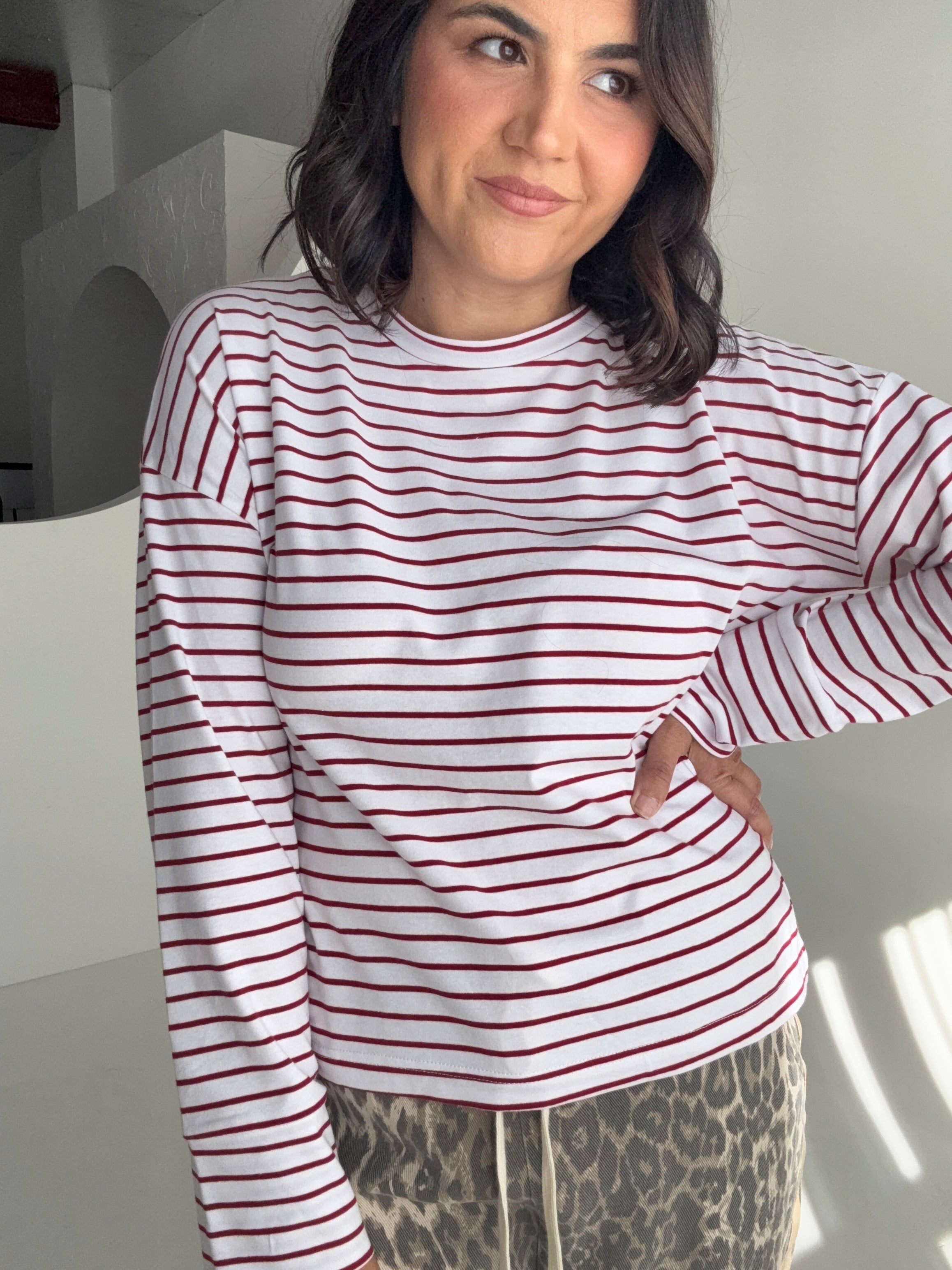 Cue Burgundy Stripe Long Sleeve Tee