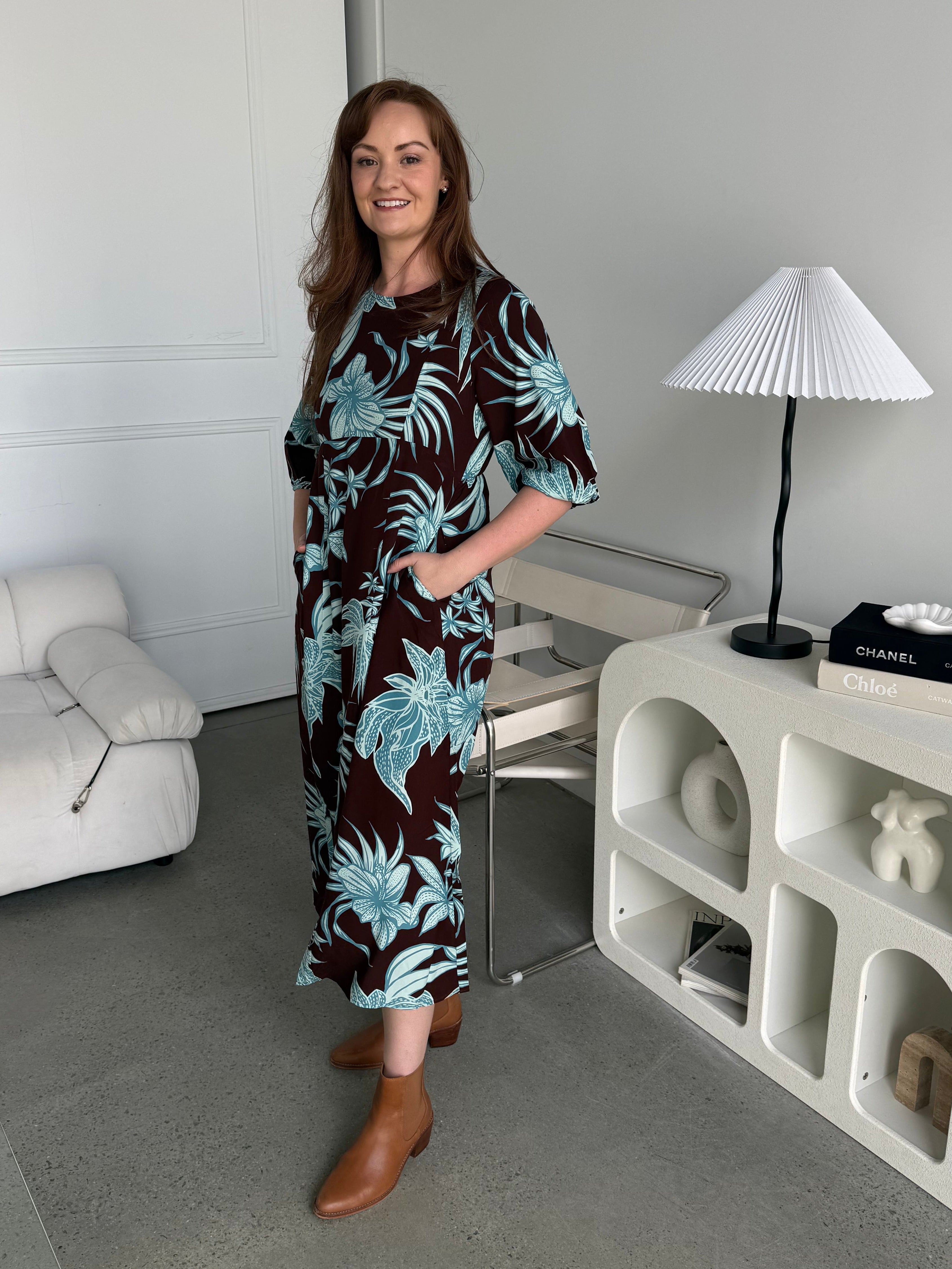 Alexa Choc/Blue Floral Midi Dress