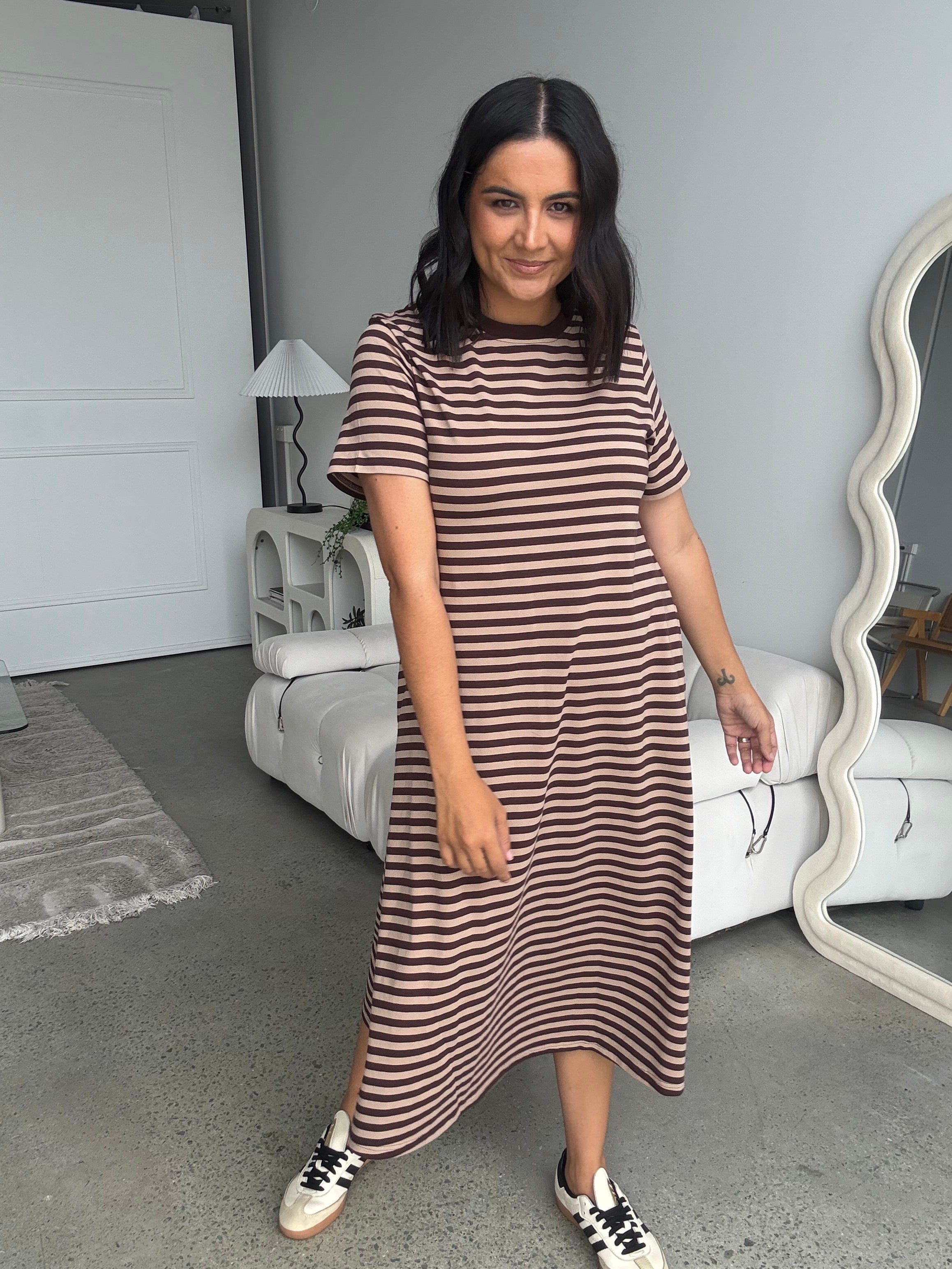 Cotton Jersey Stripe Dress Choc Brown/Beige