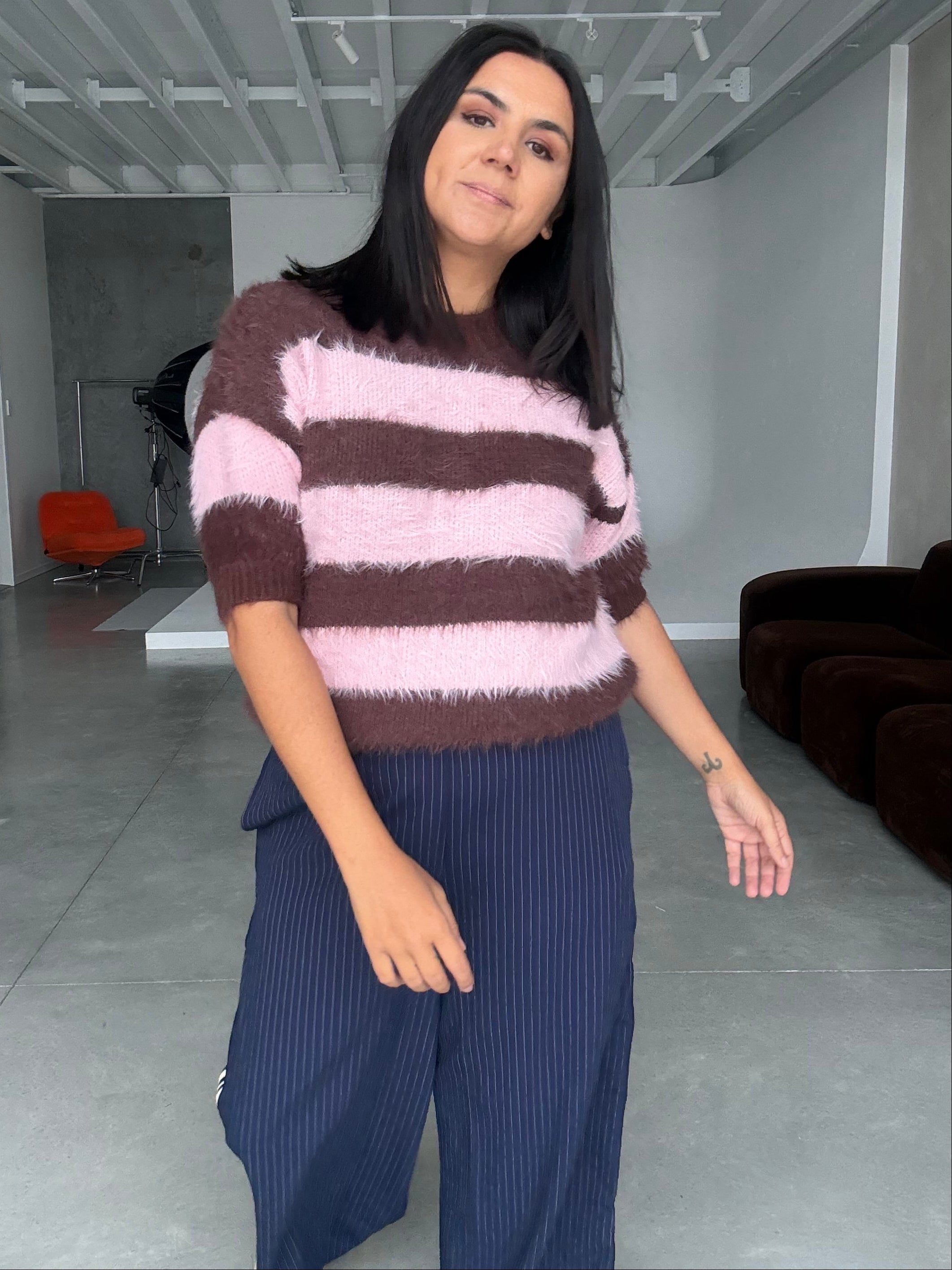 The Teddy Stripe Fluffy Knit Pink/Chocolate