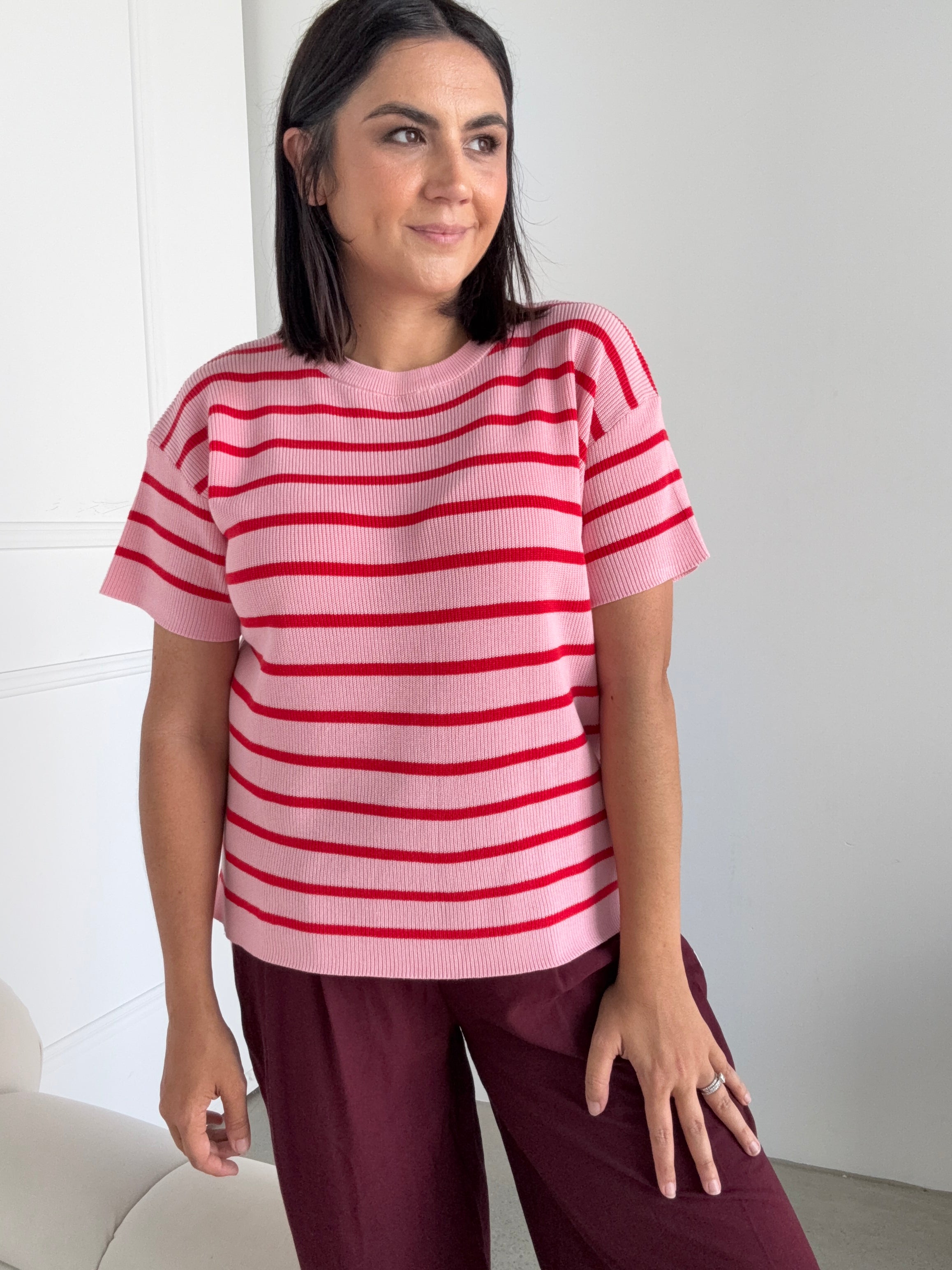 RESTOCKING DECEMBER Miller Striped Knit Top Pink/Red