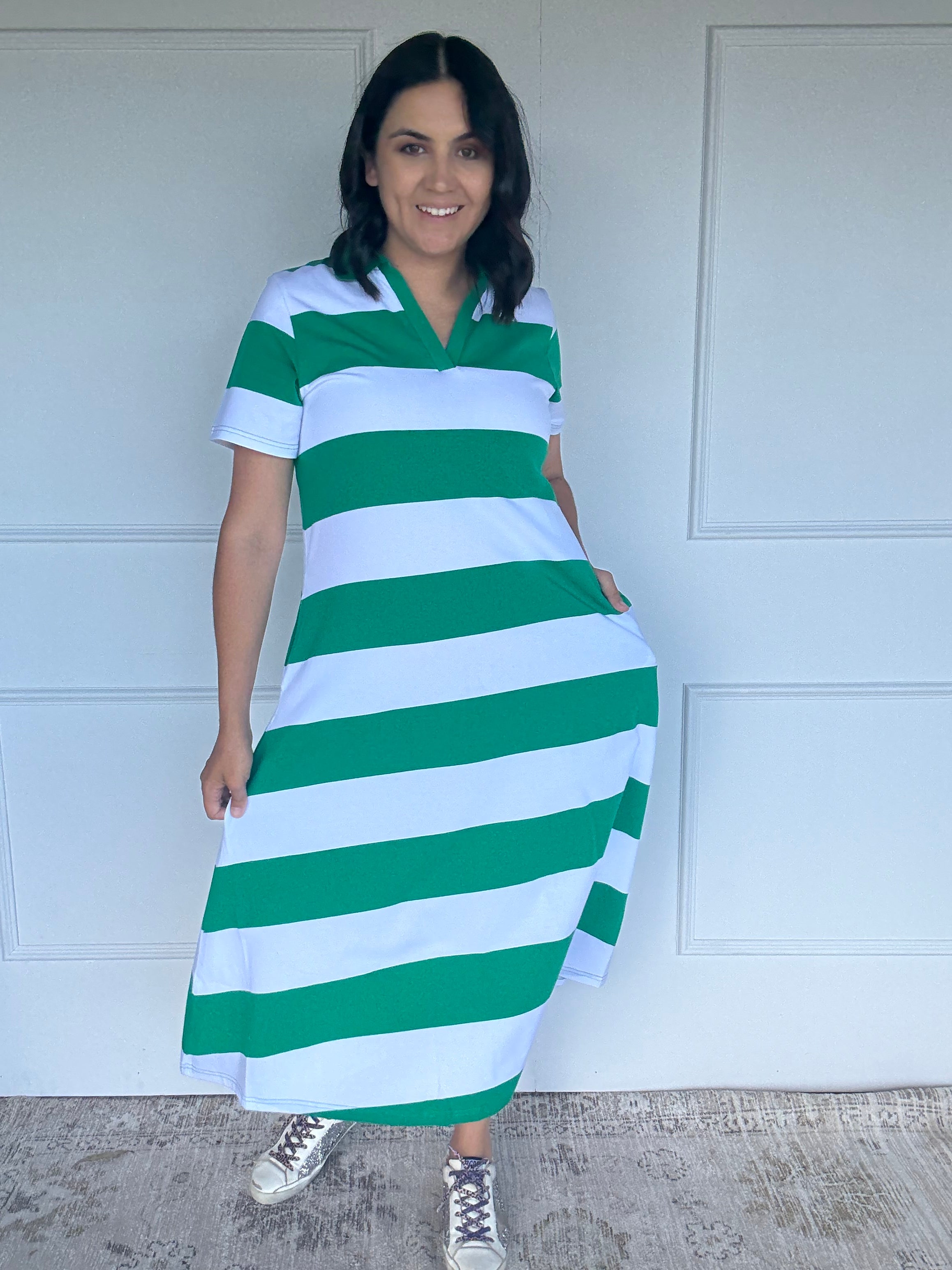 Cotton Jersey Stripe Dress Green/White Collar
