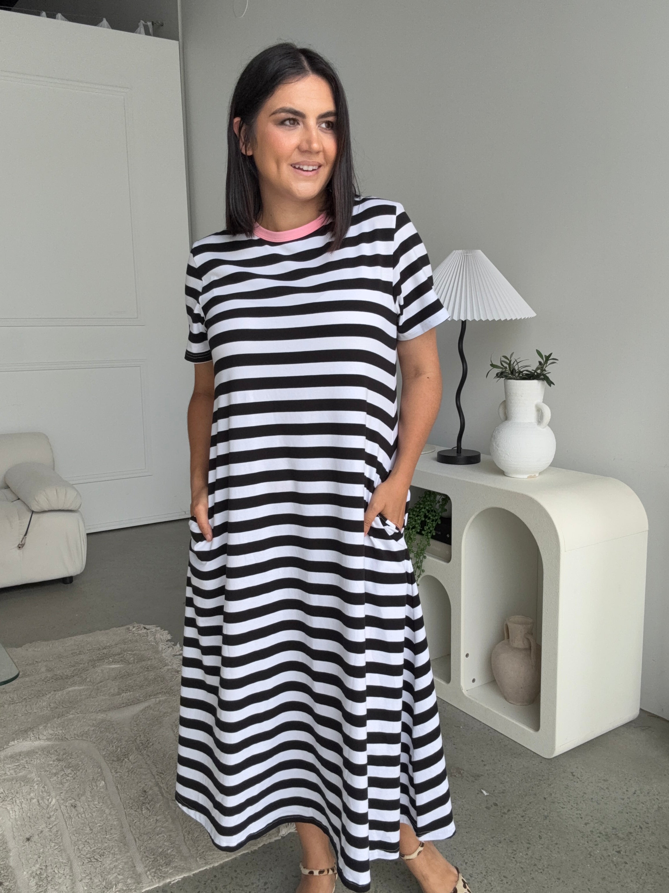 Cotton Jersey Stripe Dress Black/White Pink Neck