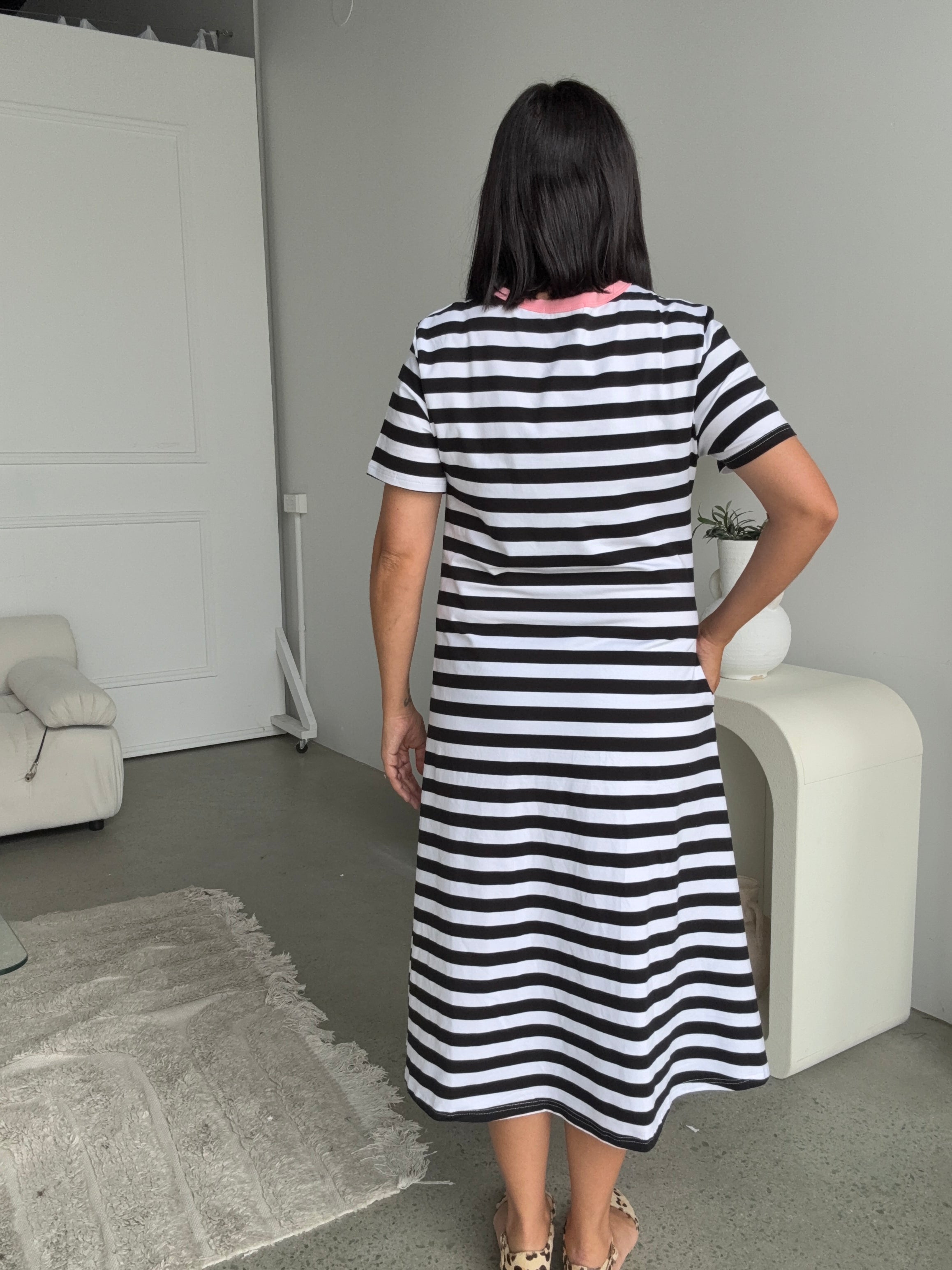 Cotton Jersey Stripe Dress Black/White Pink Neck