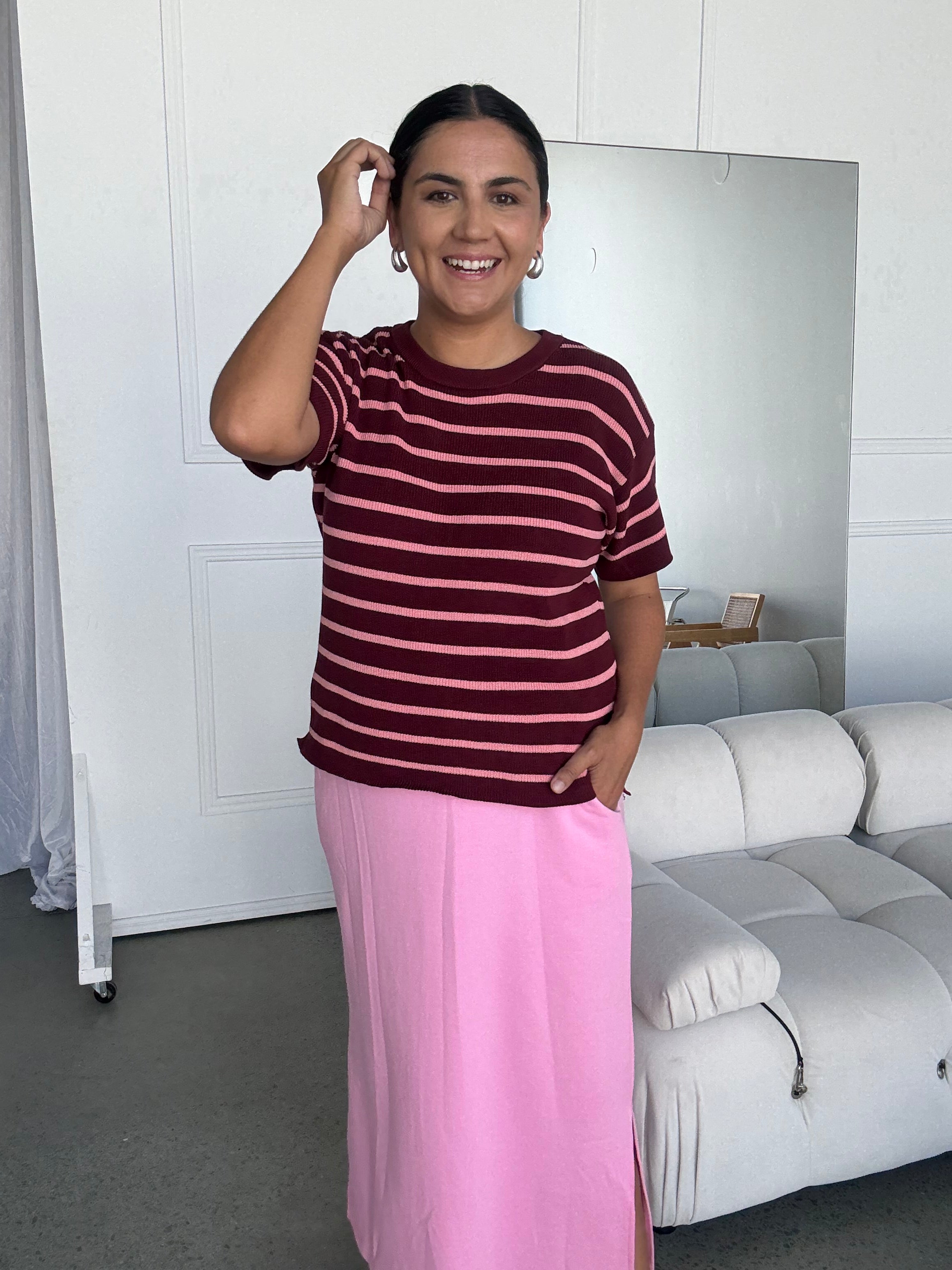 Miller Striped Knit Top Burgundy/Pink RESTOCKED