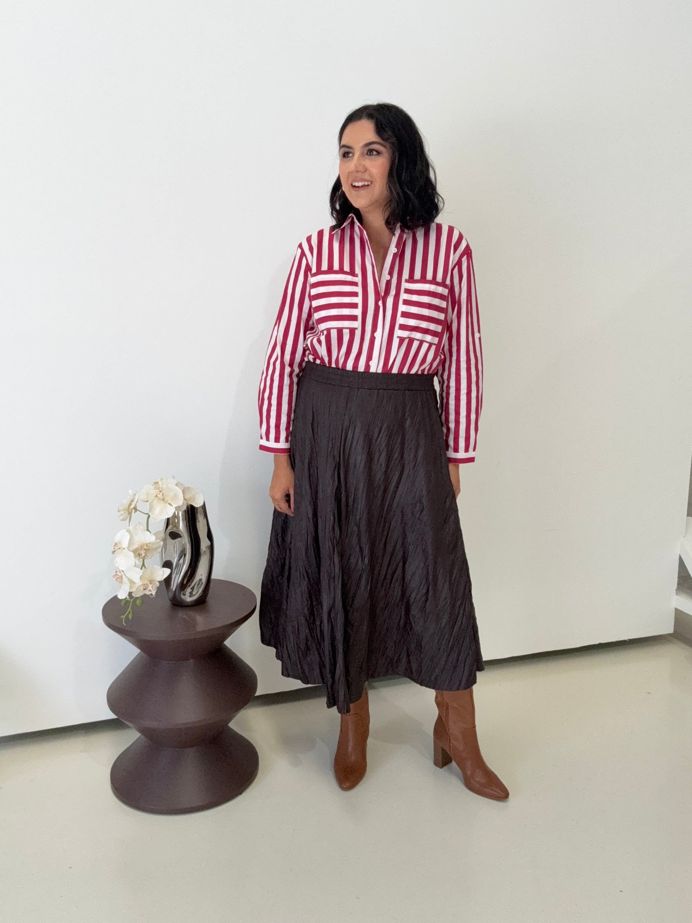 Wet Look Creased Midi Skirt Chocolate