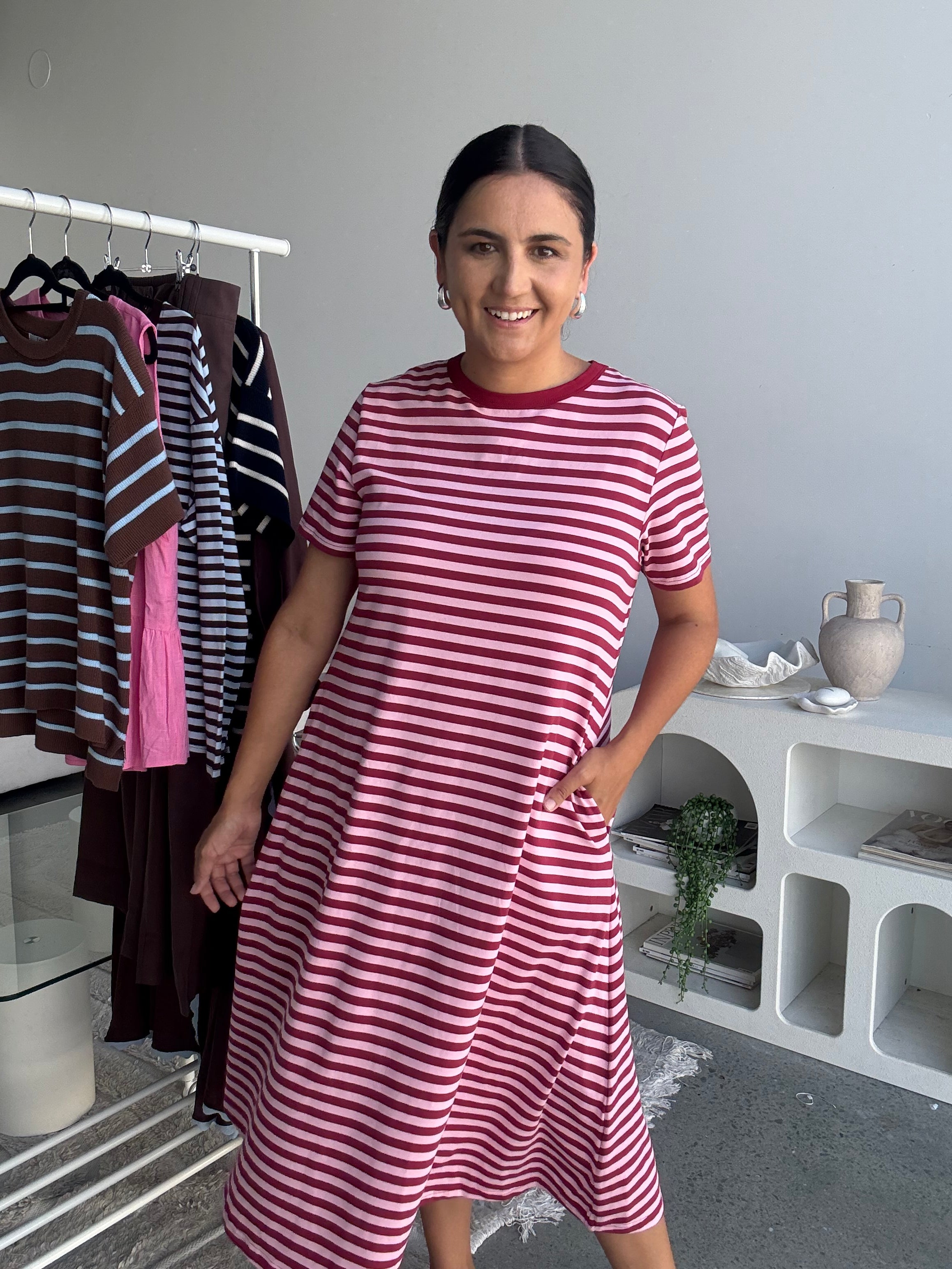 Cotton Jersey Stripe Dress Burgundy/Pink