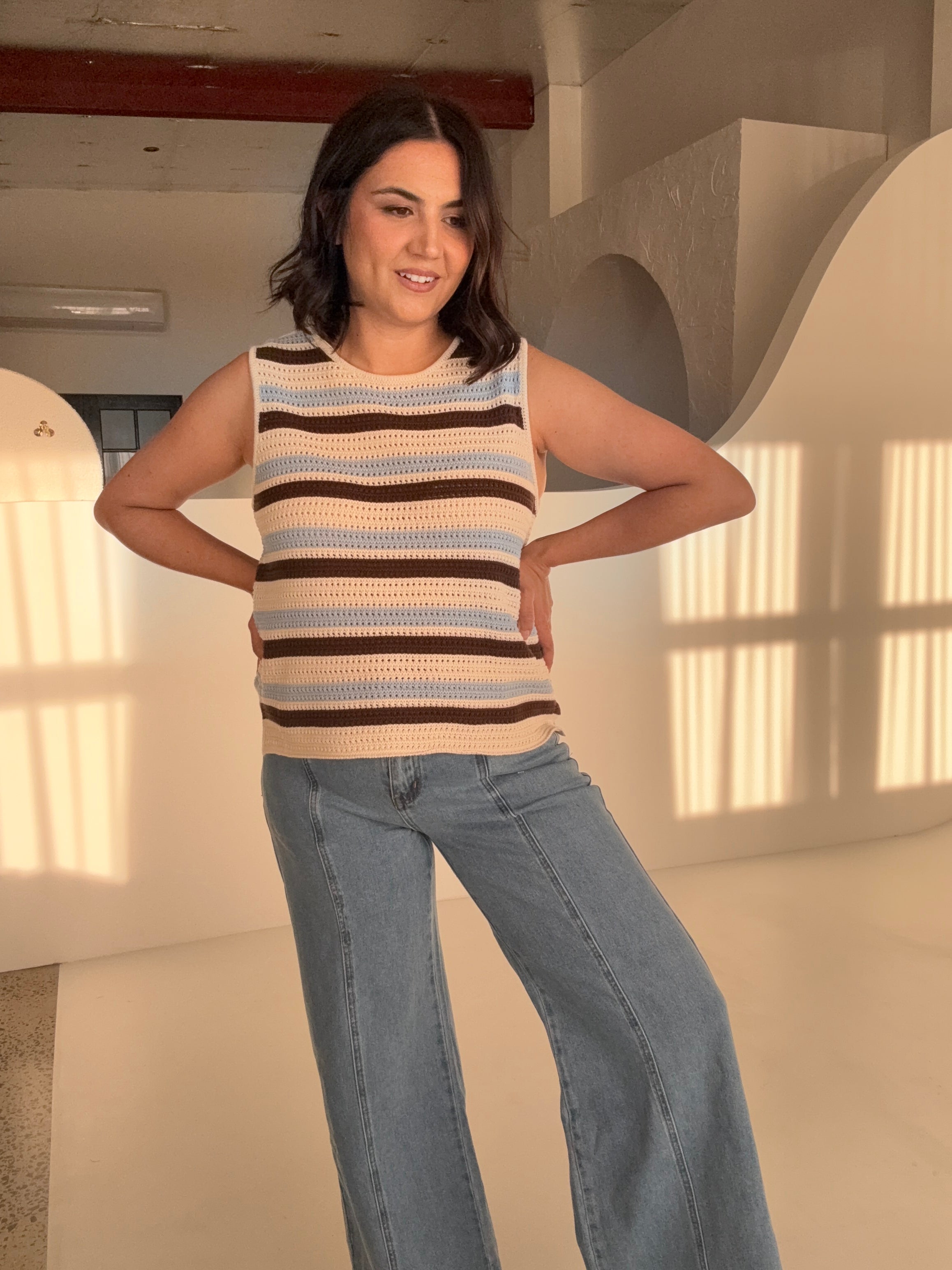 Margot Mesh Knit Tank Ecru/Choc Stripe