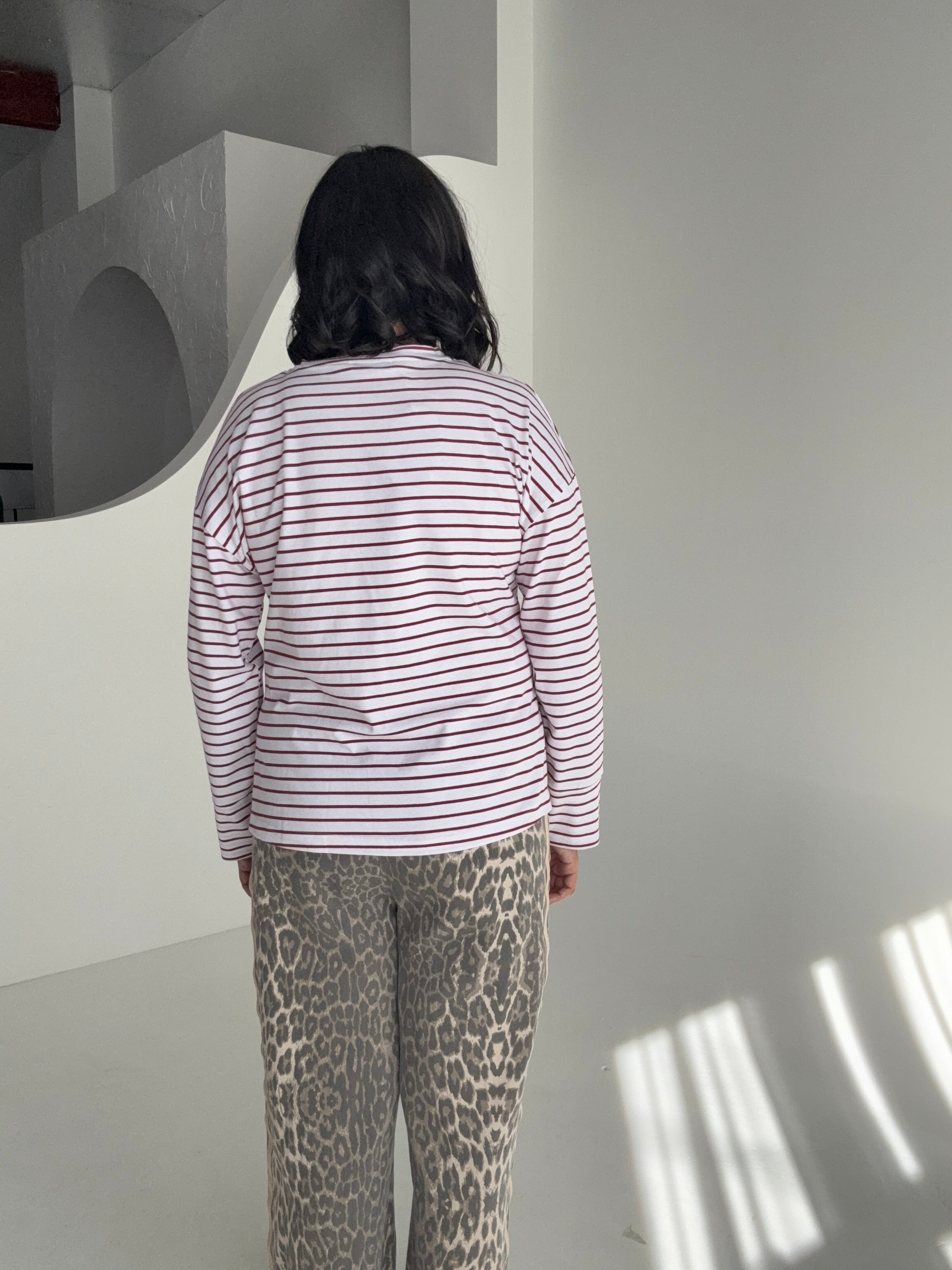 Cue Burgundy Stripe Long Sleeve Tee