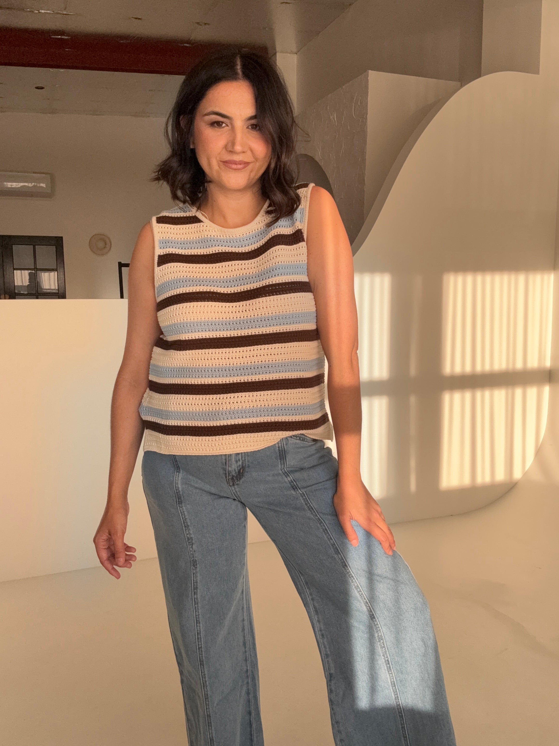 Margot Mesh Knit Tank Ecru/Choc Stripe