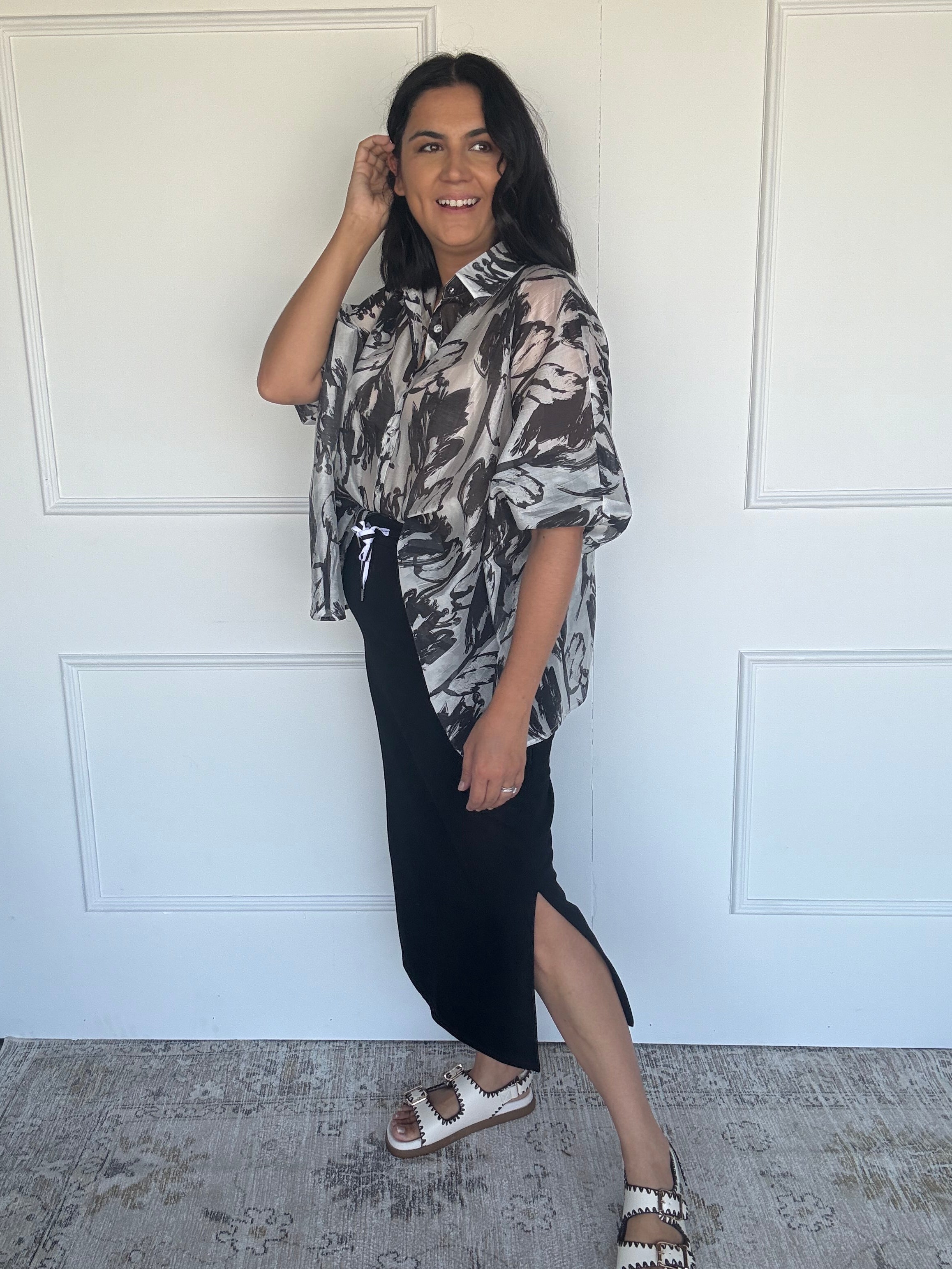 Oversized Abstract Floral Shirt Black