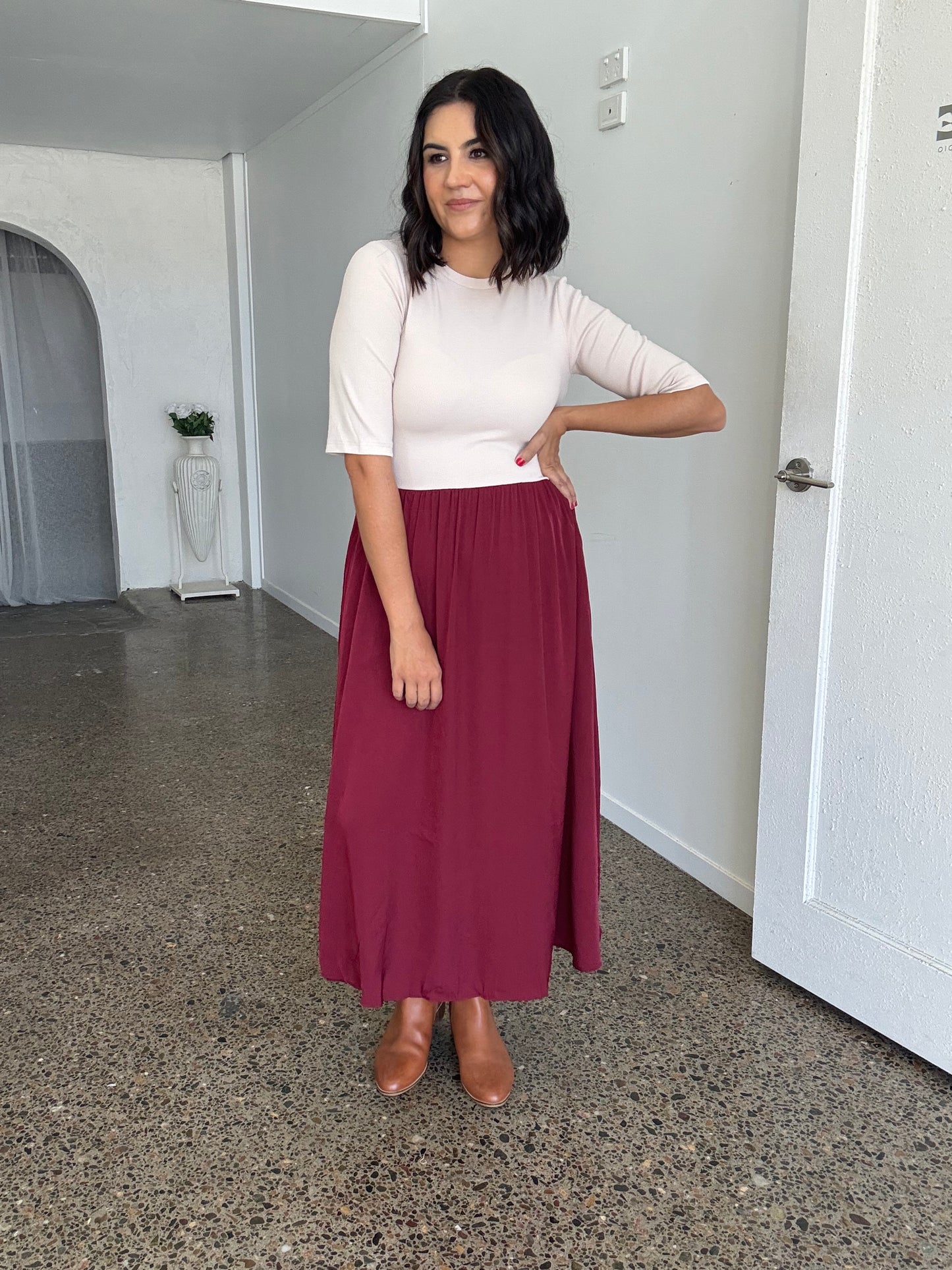 Maddie Midi Dress Beige/Burgundy STOCK ON HAND