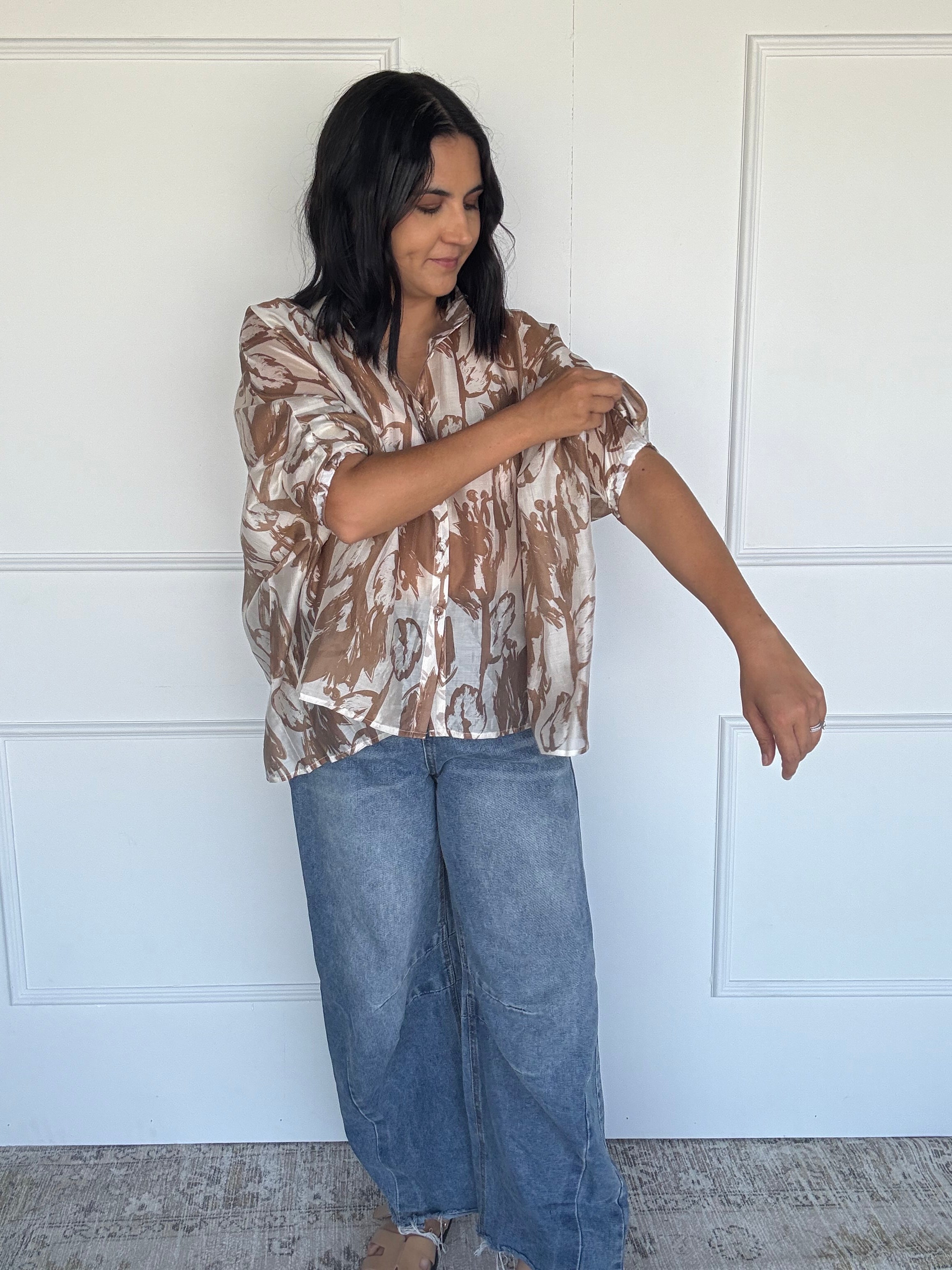Oversized Abstract Floral Shirt Mocha