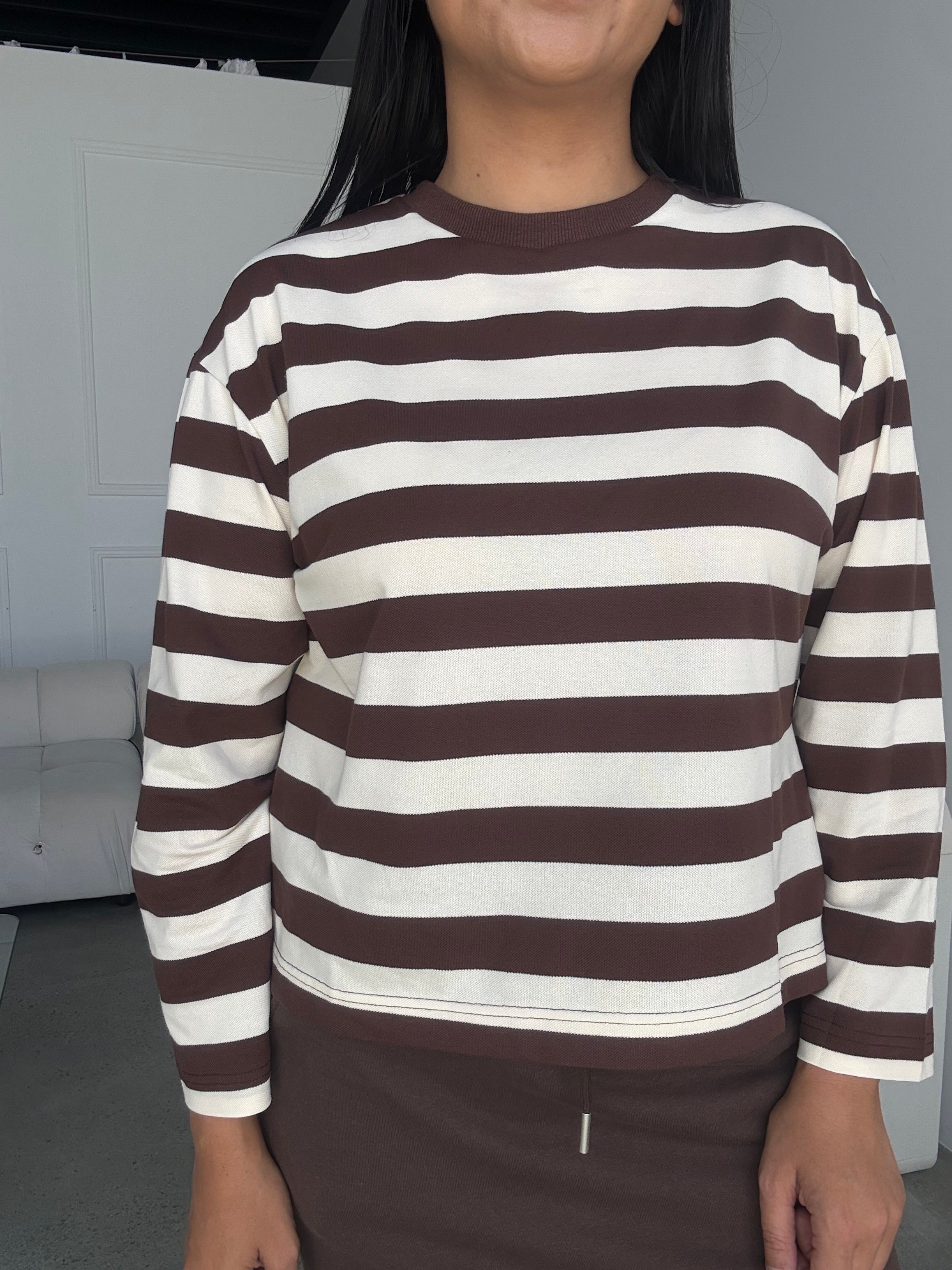 Cassie Long Sleeve Stripe Top Brown/Cream