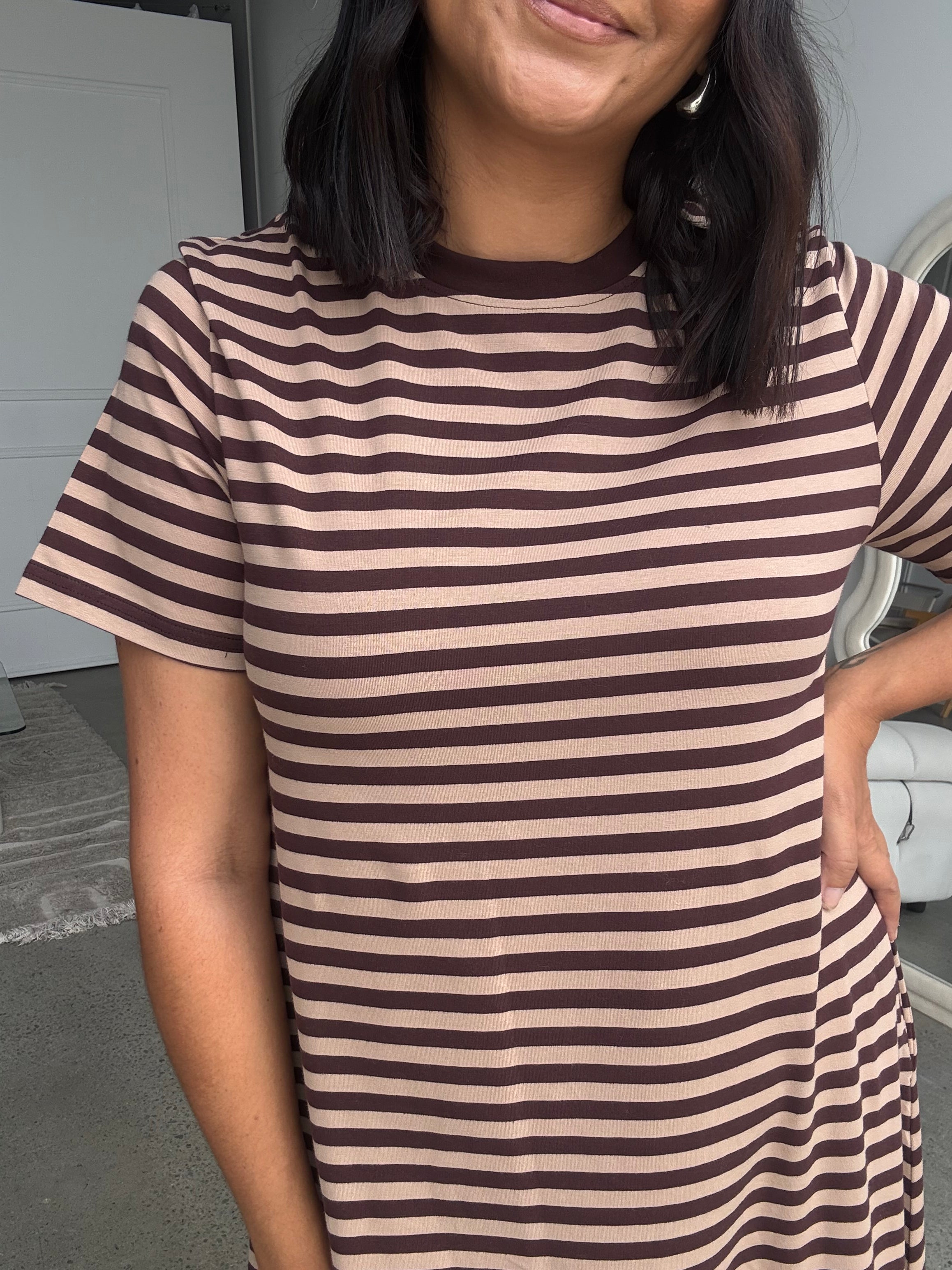 Cotton Jersey Stripe Dress Choc Brown/Beige