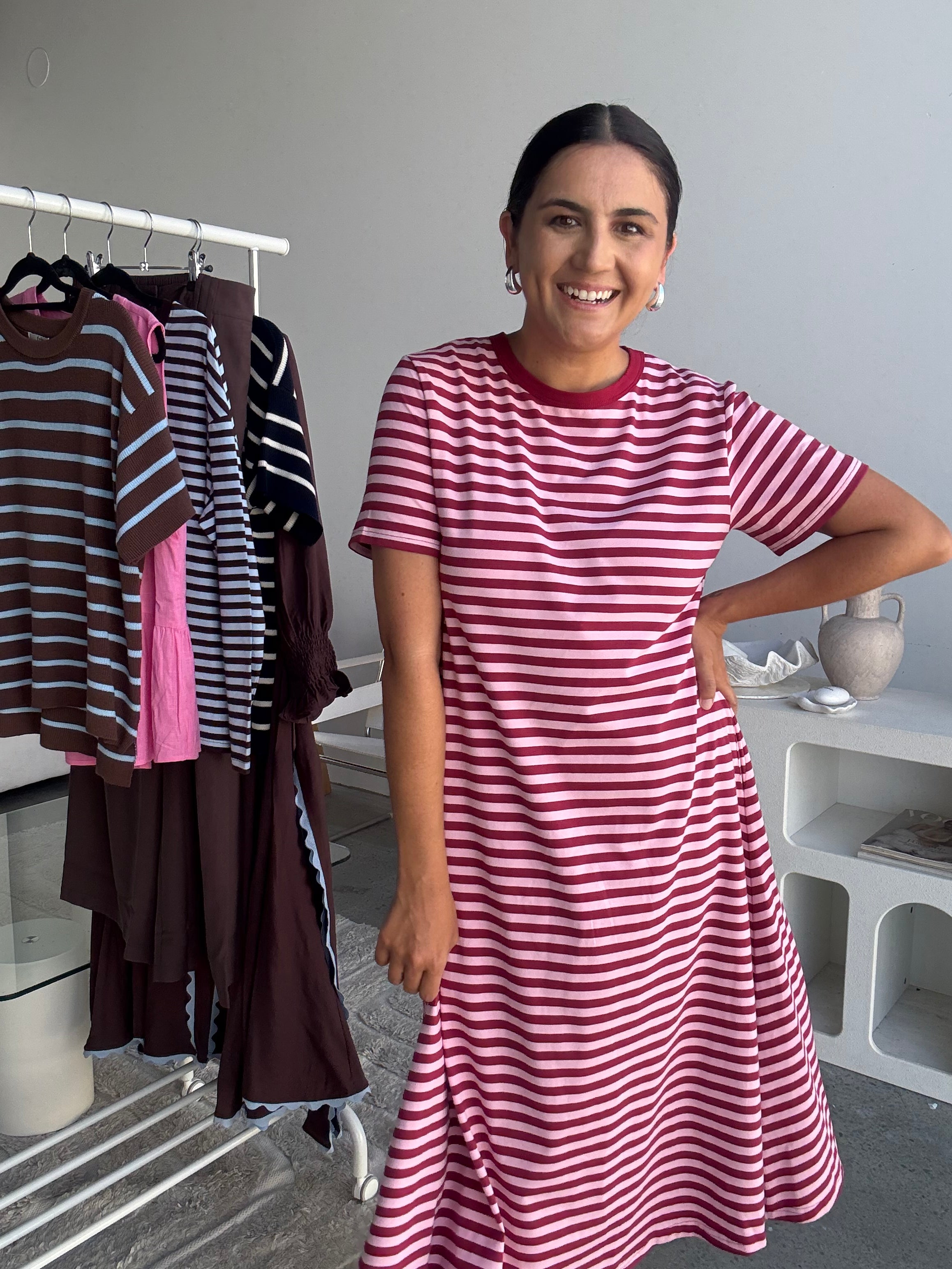 Cotton Jersey Stripe Dress Burgundy/Pink