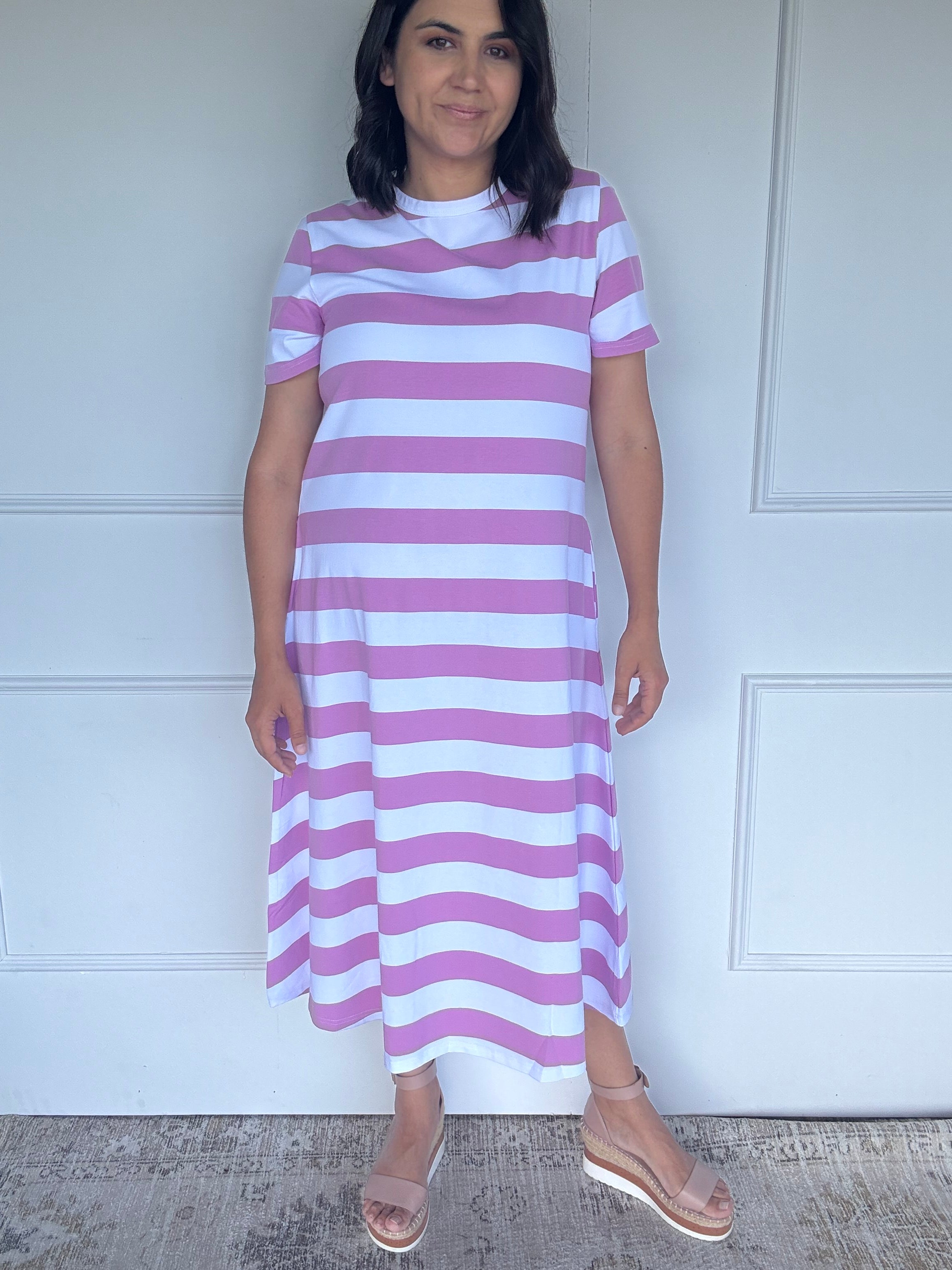 Cotton Jersey Stripe Dress Orchid/White