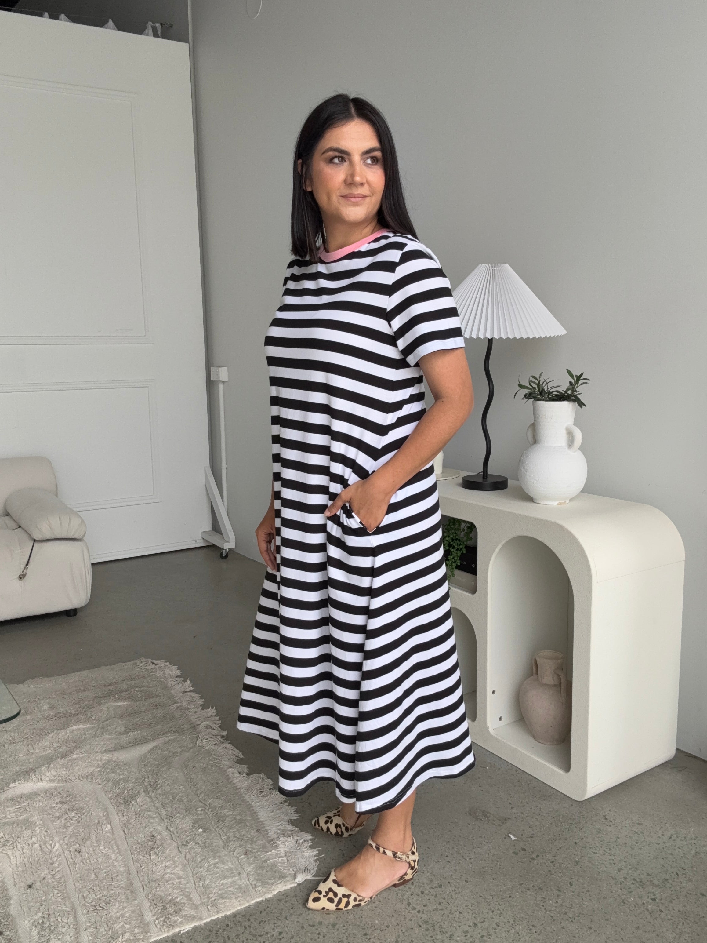 Cotton Jersey Stripe Dress Black/White Pink Neck