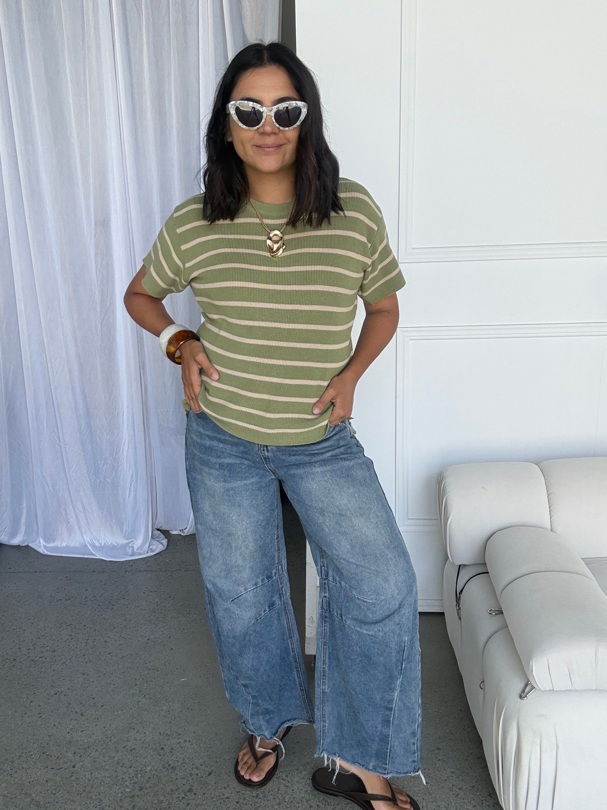 Miller Striped Knit Top Sage/Mocha