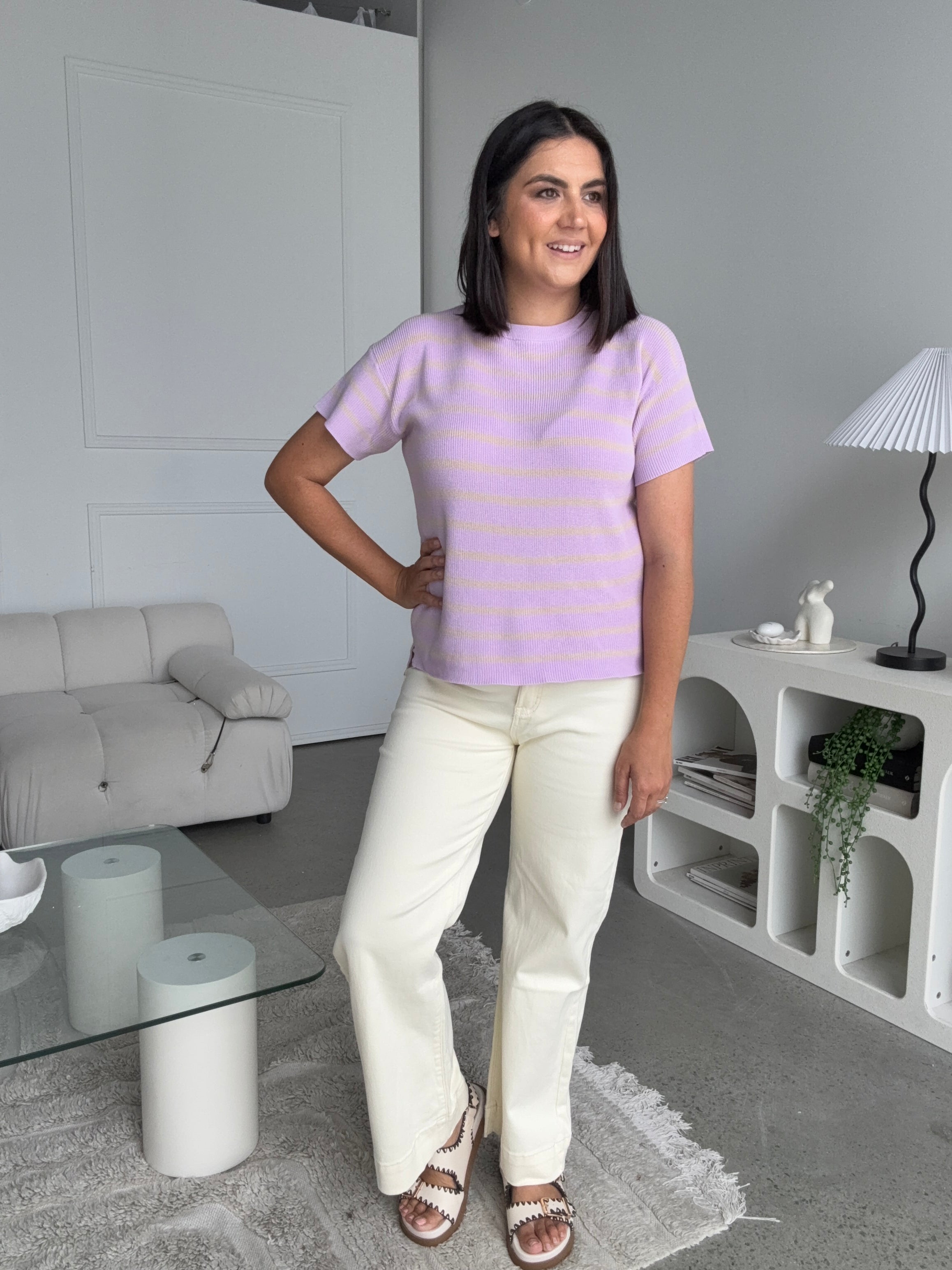 Miller Striped Knit Top Lilac/Beige