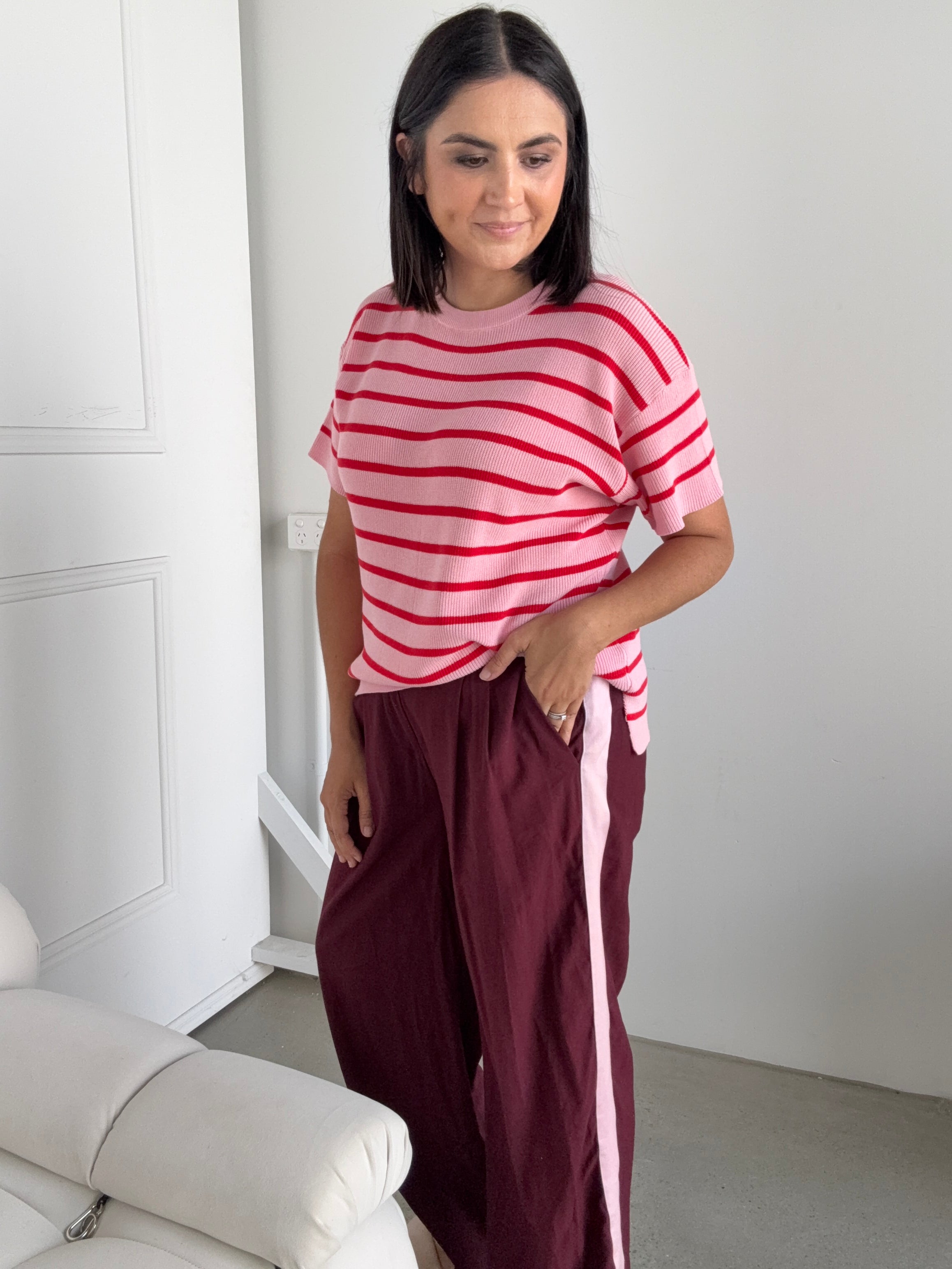 RESTOCKING DECEMBER Miller Striped Knit Top Pink/Red