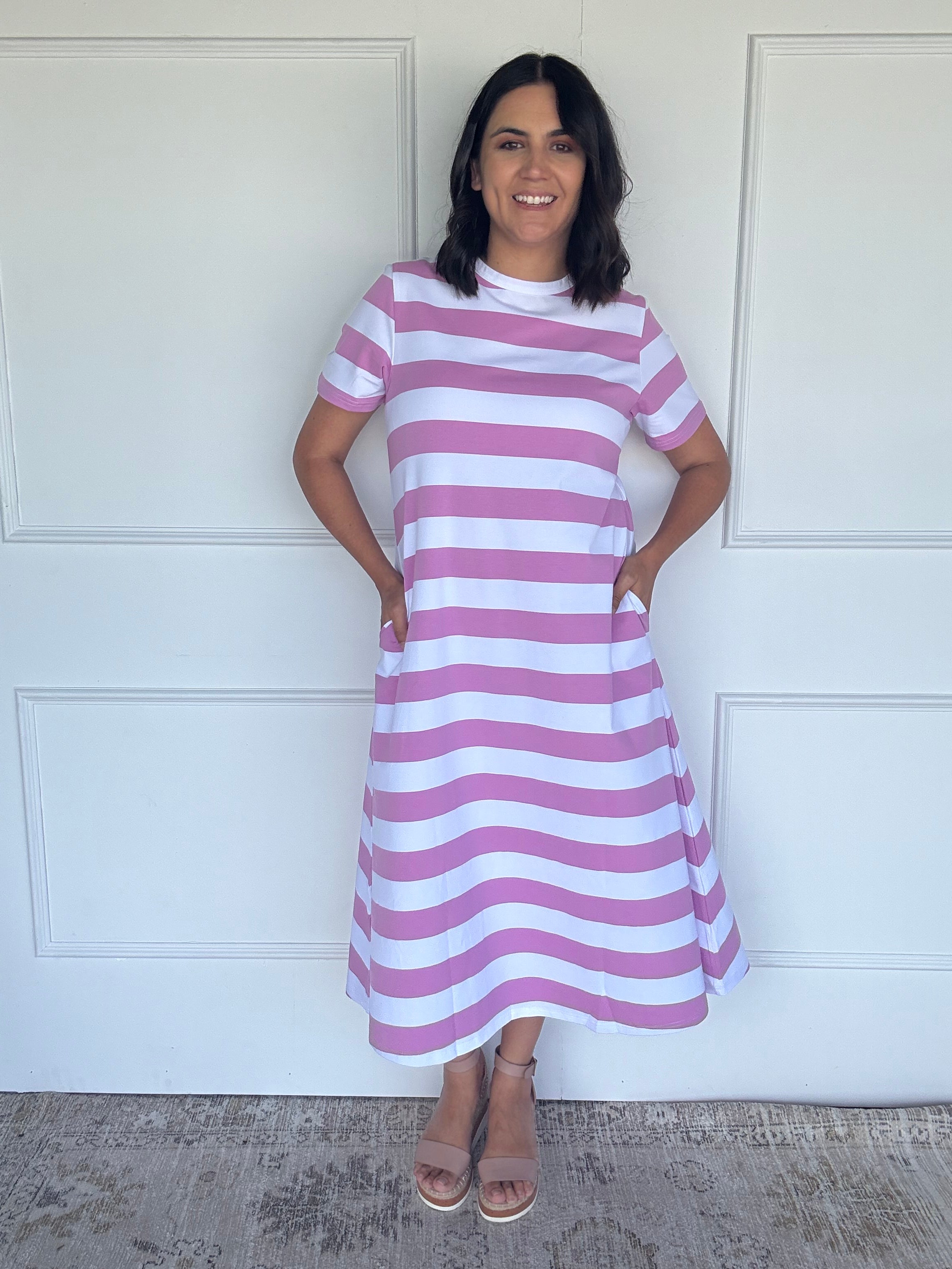 Cotton Jersey Stripe Dress Orchid/White