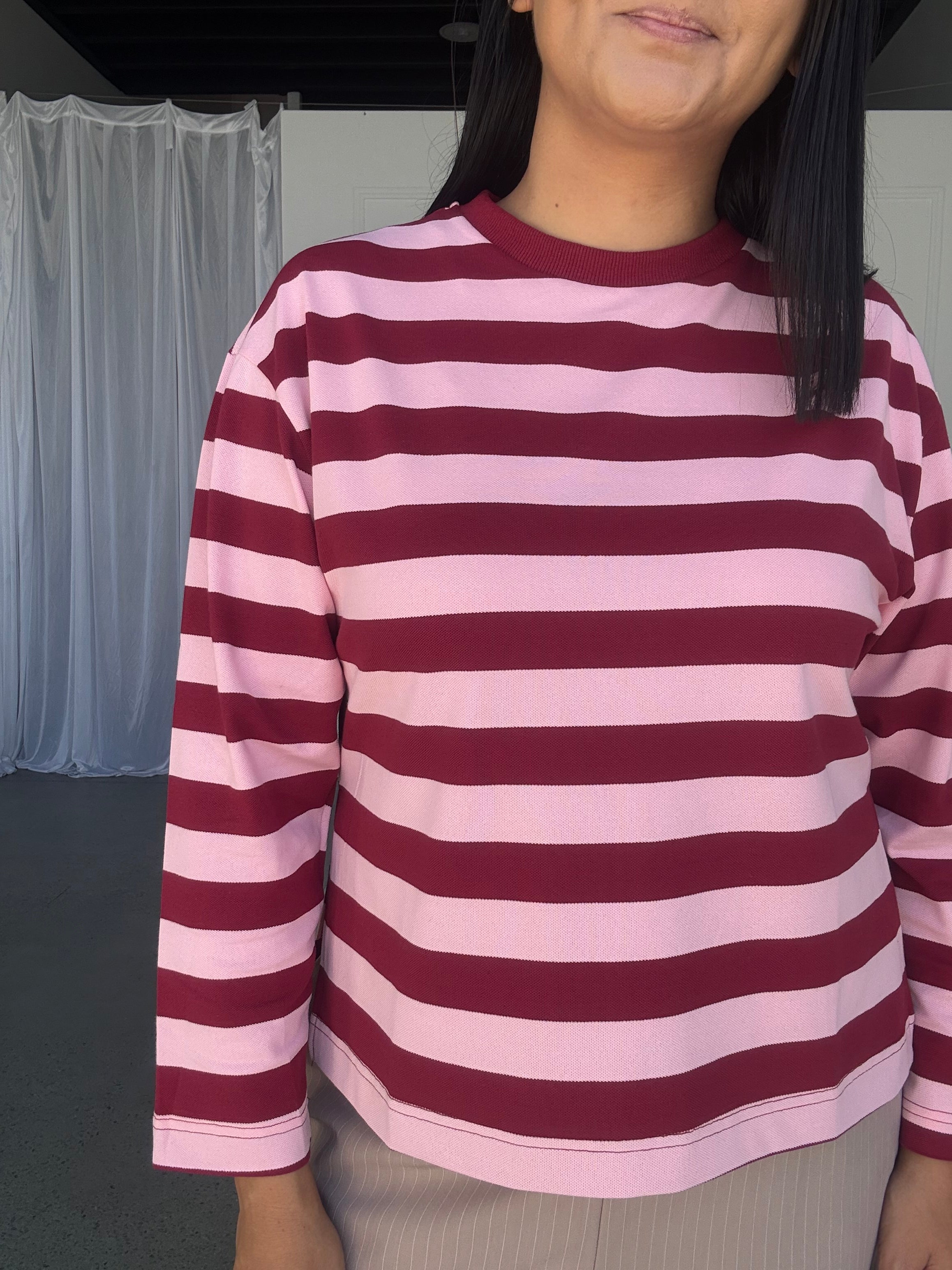 Cassie Long Sleeve Stripe Top Burgundy/Pink