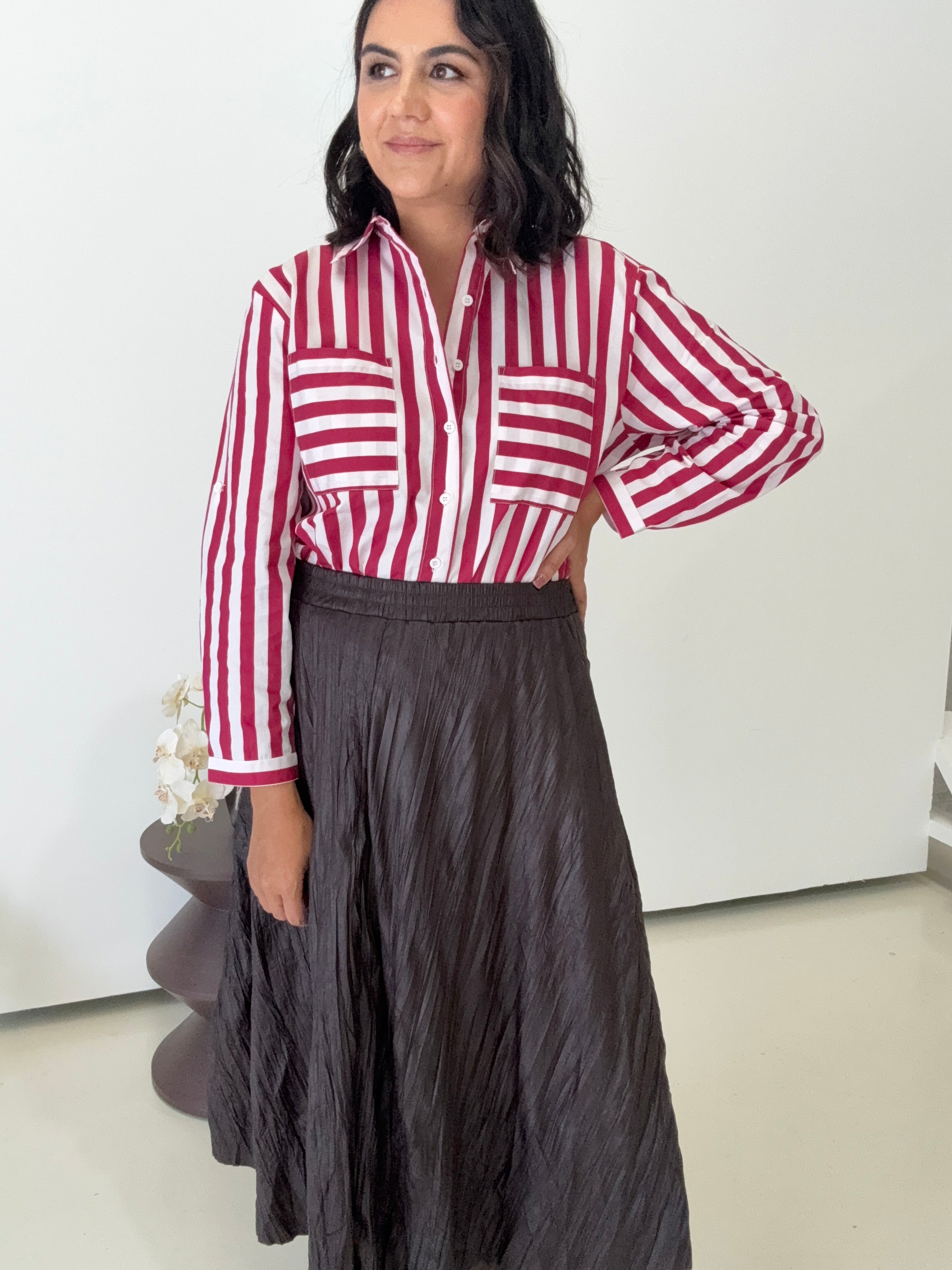 Wet Look Creased Midi Skirt Chocolate