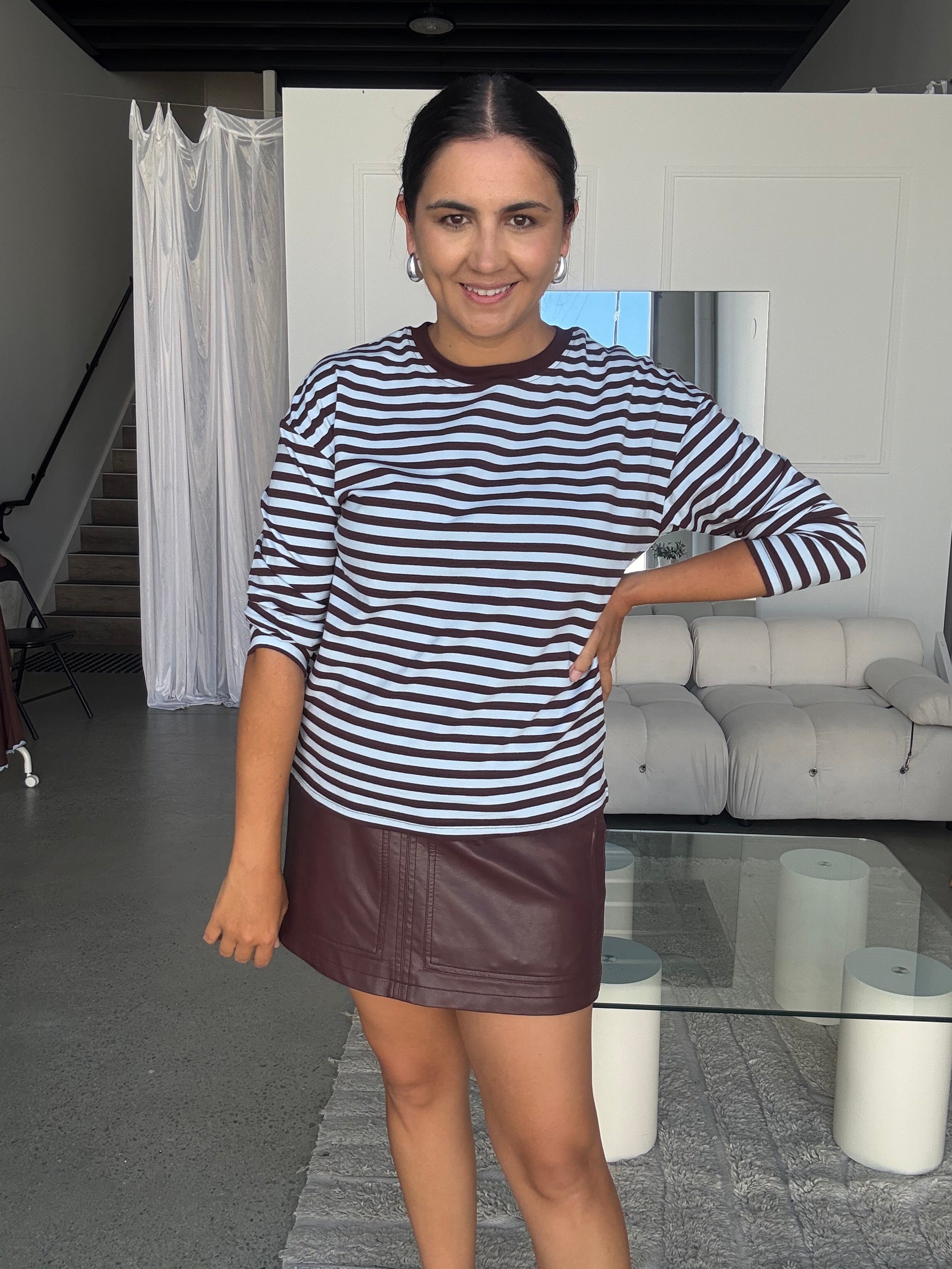 Cotton Jersey Relaxed Long Sleeve Tee Choc Brown/Blue